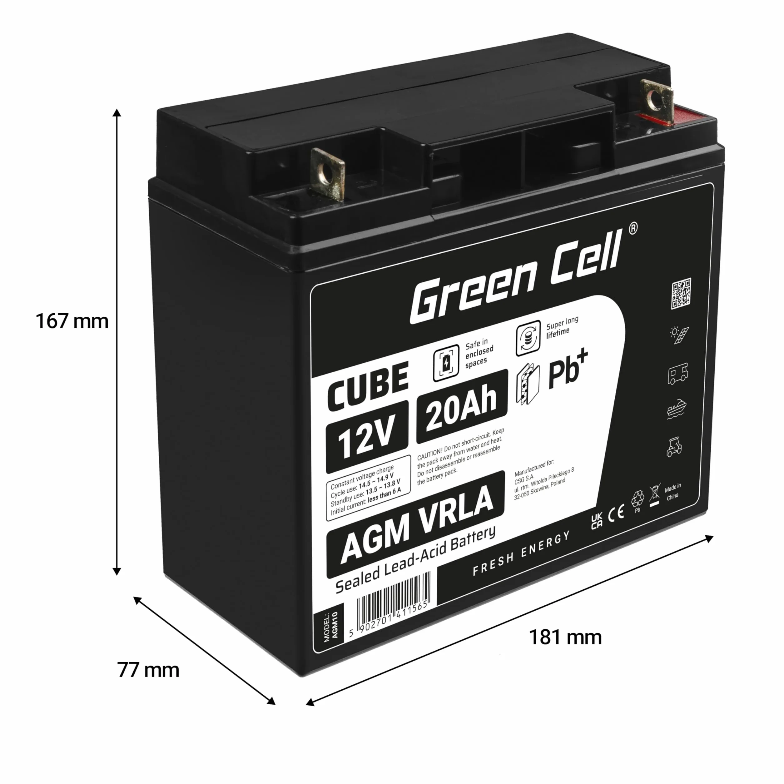 Green Cell Akumulator AGM 12V 20Ah VRLA do wózka inwalidzkiego kosiarki traktorka rowerów elektrycznych i quadów dziecięcych