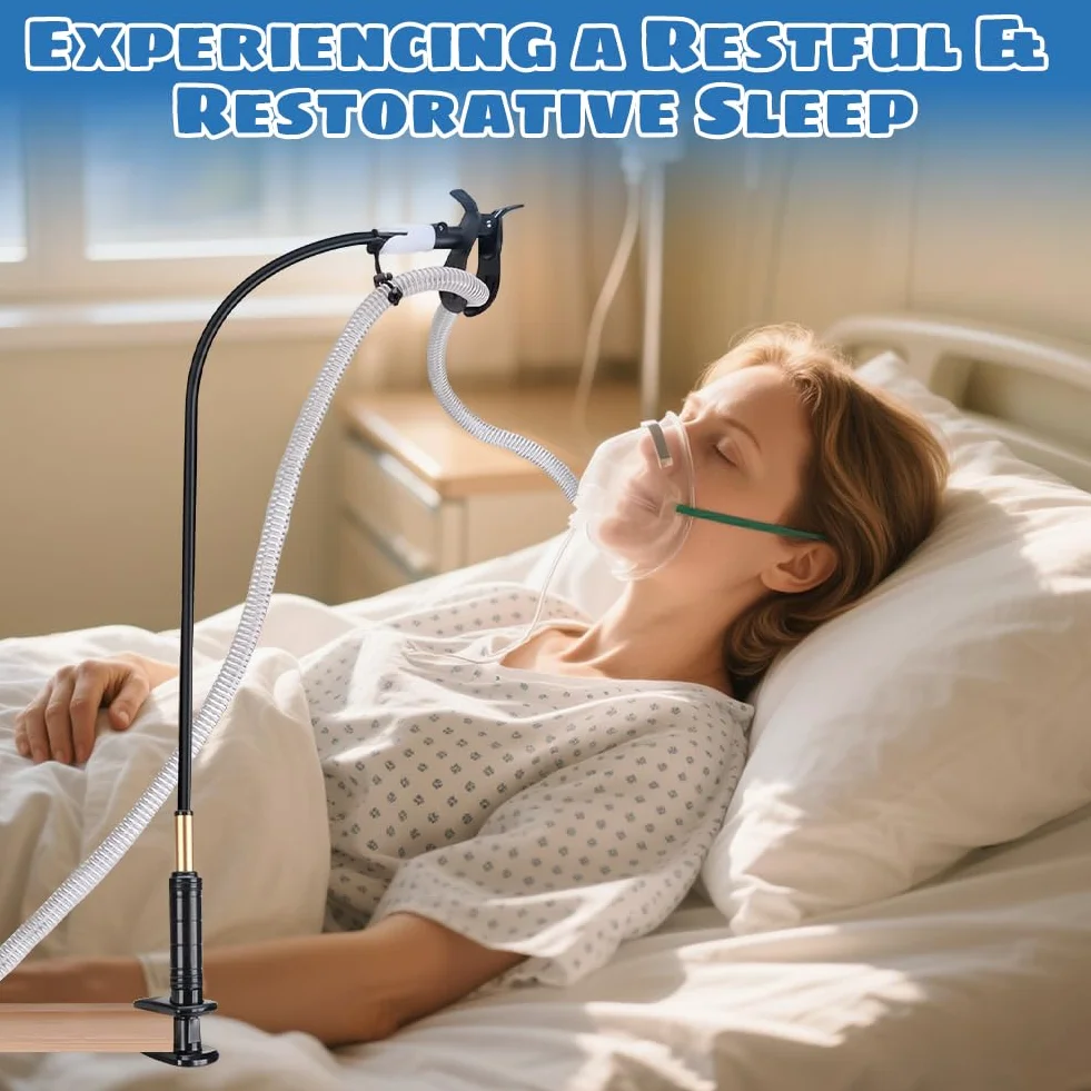 CPAP uchwyt na wąż z 3 klipsami, regulowane ramię wychylne, 360°, bez plątania się, elastyczny, wytrzymały