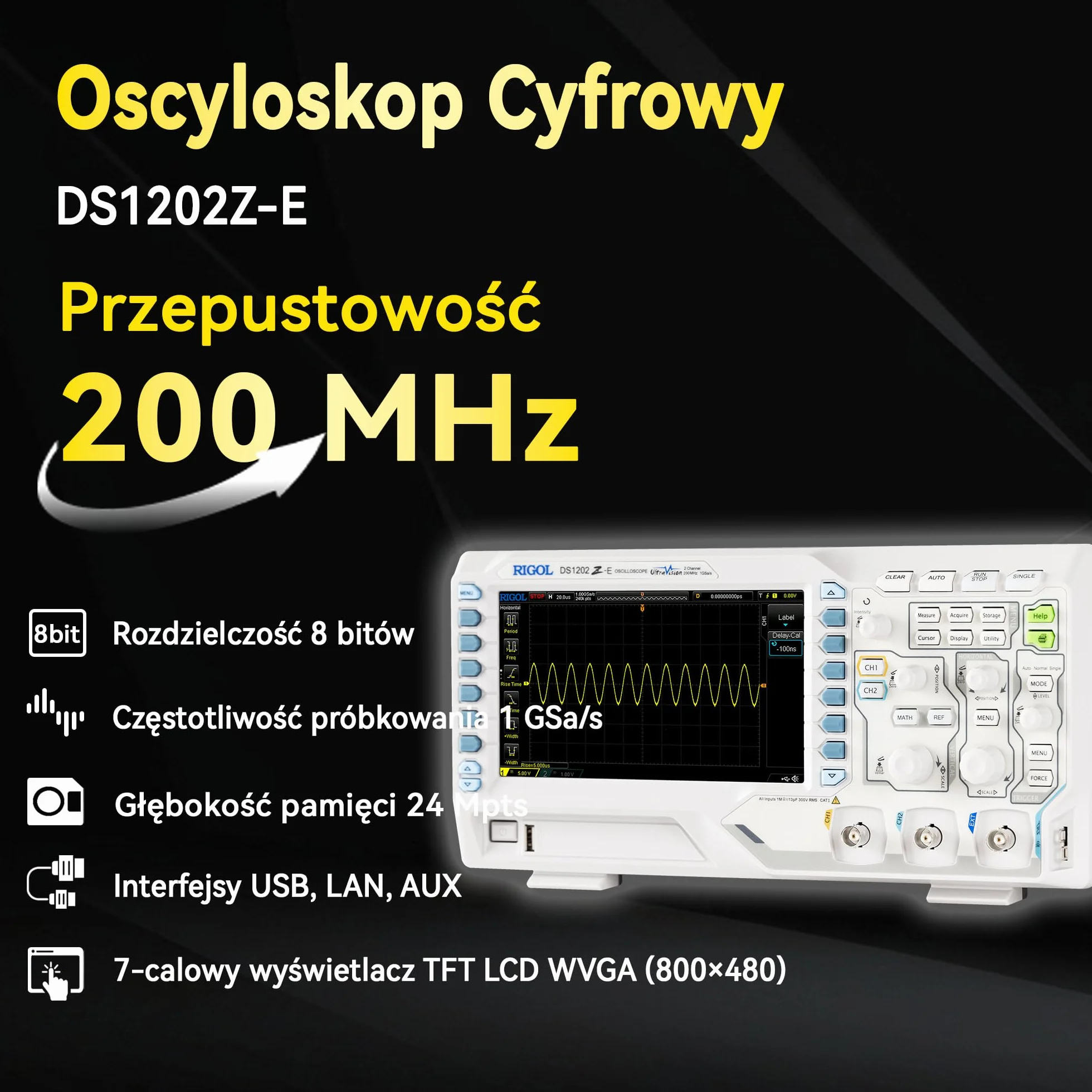 RIGOL Oscyloskop,DS1202Z-E Cyfrowy Oscyloskop,200 MHz,2A kanały+EXT,7-calowy ekran fluorescencyjny HD,Wysoka opłacalność,Idealny do badań,napraw i nauczania laboratoryjnego