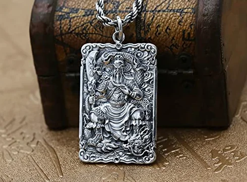 S925 Srebrny męski wisiorek, Wu Caishen Guan Gong Amulet Naszyjnik Wisiorek Tajski Srebrny Retro Męski Dominujący Amulet Łańcuch Wisiorek, (łańcuszek nie jest wliczony w cenę) (S925 Srebro