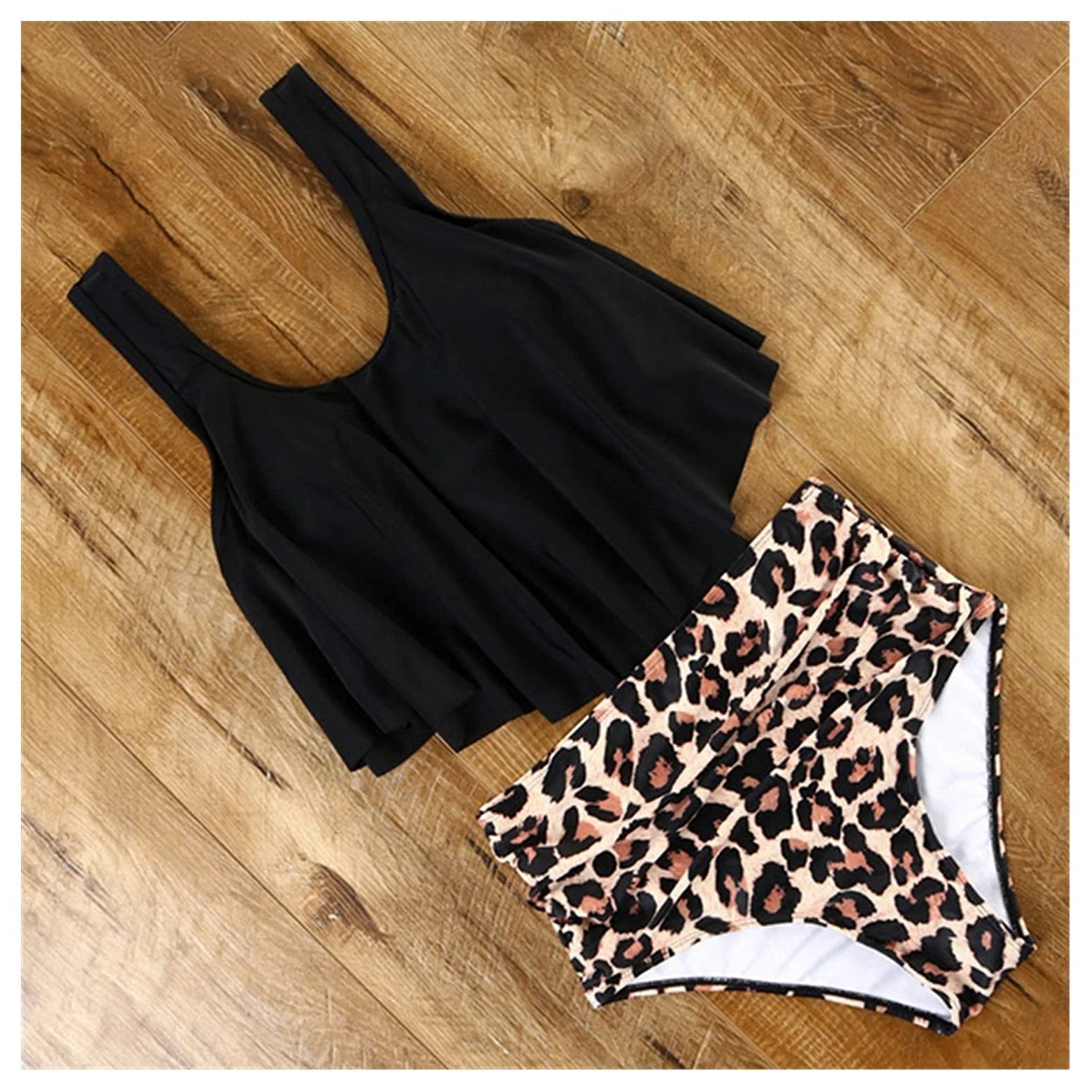 Dwuczęściowy strój kąpielowy Leopard Bikini Wysoka talia Bikini Zwierząt Drukuj Kwiatowy strój kąpielowy Strój kąpielowy z falbanką Stroje kąpielowe w dużych rozmiarach Kobiety Bikini Set (IS)