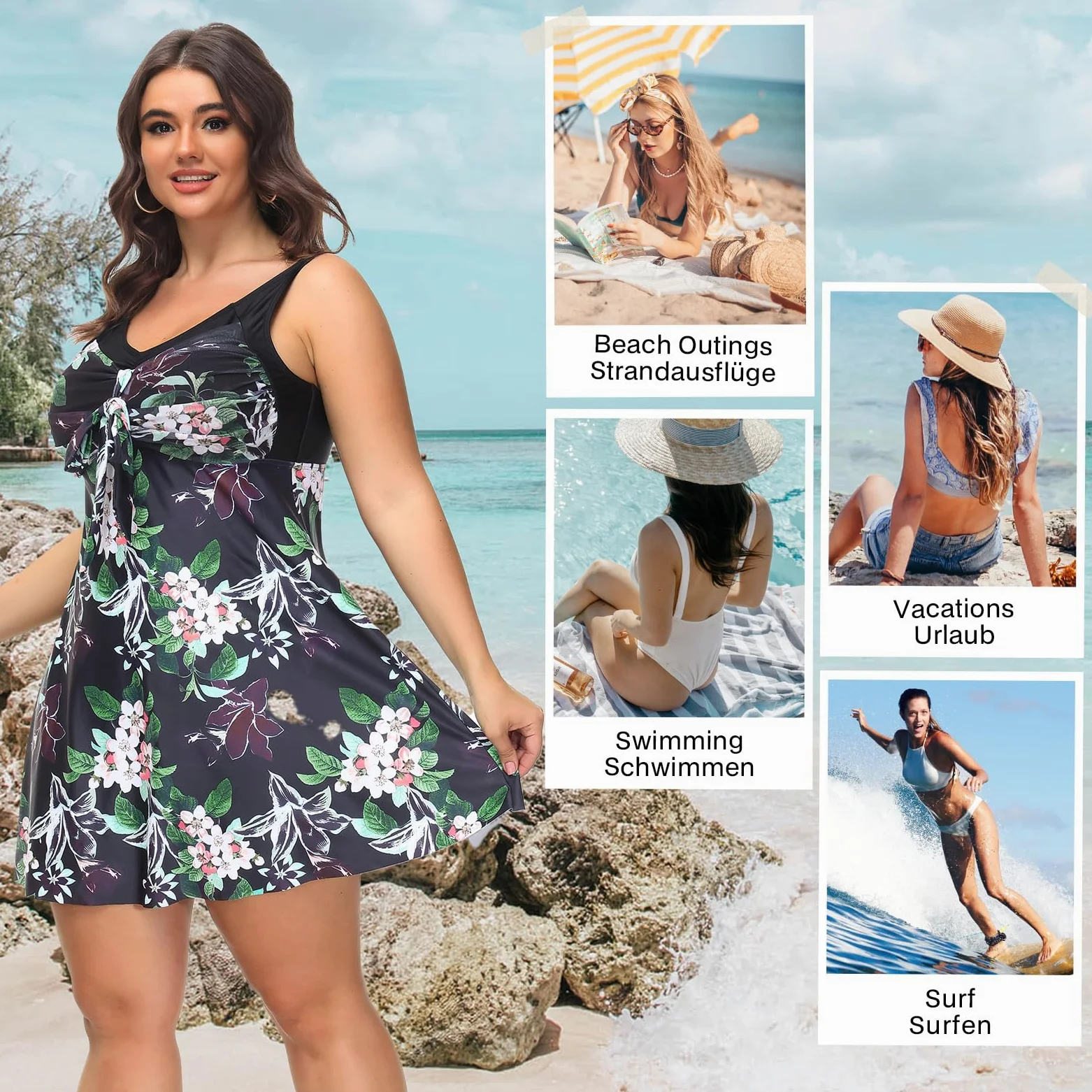 Hanna Nikole Tankini damski zestaw dużych rozmiarów, nadruk kwiatowy, sukienka kąpielowa, wyszczuplający brzuch, dwuczęściowy kostium kąpielowy z szortami chłopięcymi