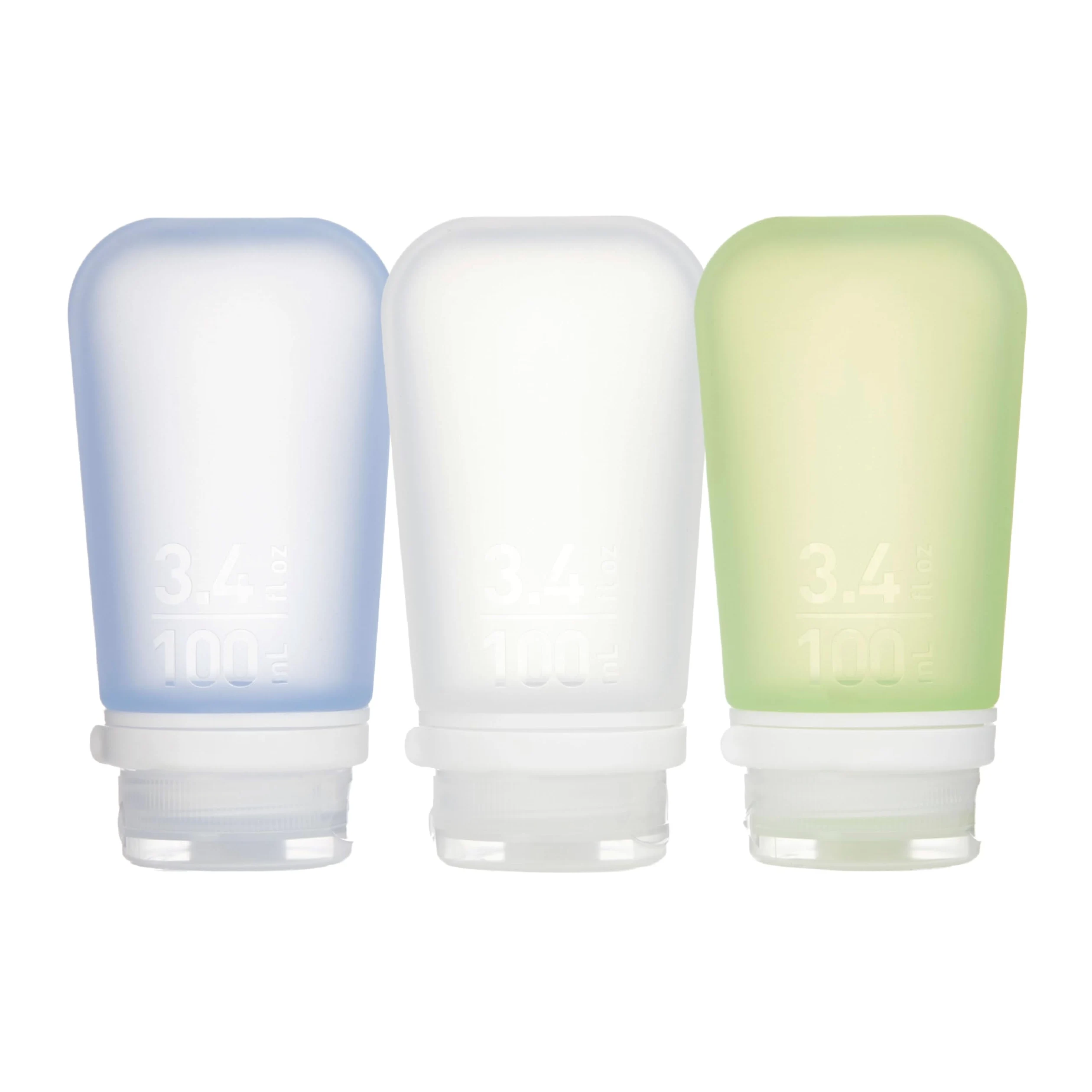 humangear GoToob+ 3-pak, duża butelka podróżna 100 ml GoToob+ z nakrętką blokującą, duże 100 ml - przezroczyste/zielone/niebieskie, duże