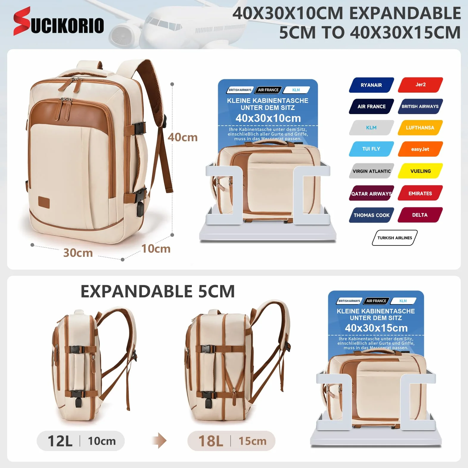 40x30x10cm Lufthansa KLM Rozszerzalny 5cm 40x30x15cm British Airways Air France Plecak Podróżny Bagaż Podręczny Samolot Z 3 Kieszeniami Wodoodporny Plecak Podróżny Na Laptopa 15.6 Cala Z USB