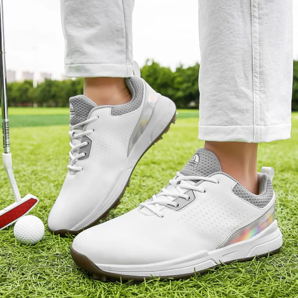 Męskie buty do golfa Spikless Leather Wide Fitting Golf Sneakers Outdoor Large Size Wodoodporne obuwie do chodzenia,White,41 EU