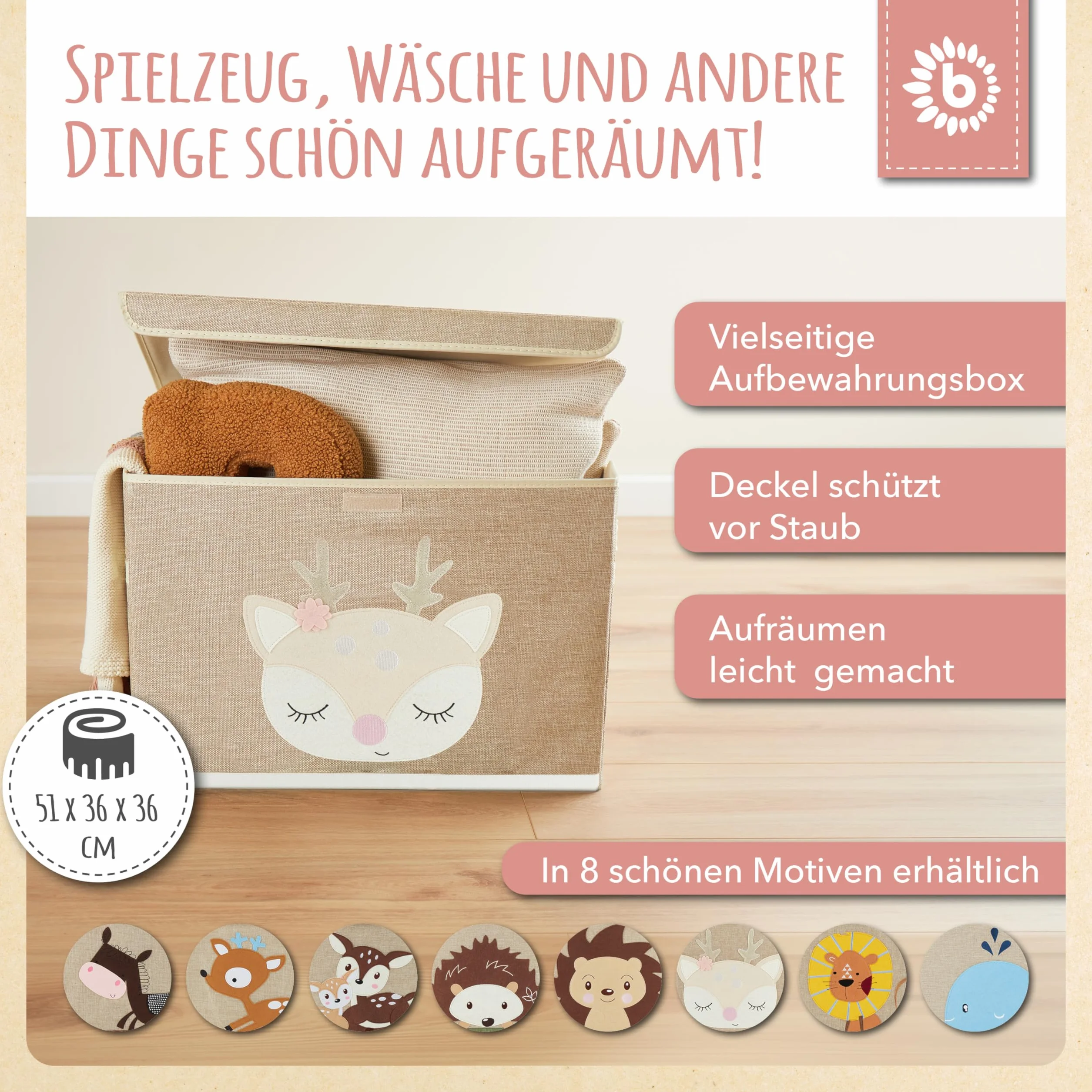 Bieco Składane pudełko z pokrywką | 65 litrów | ok. 36 x 36 x 51 cm | skrzynka na zabawki | dzieci | skrzynki | duże | organizer na stół do przewijania | jeleń Ella