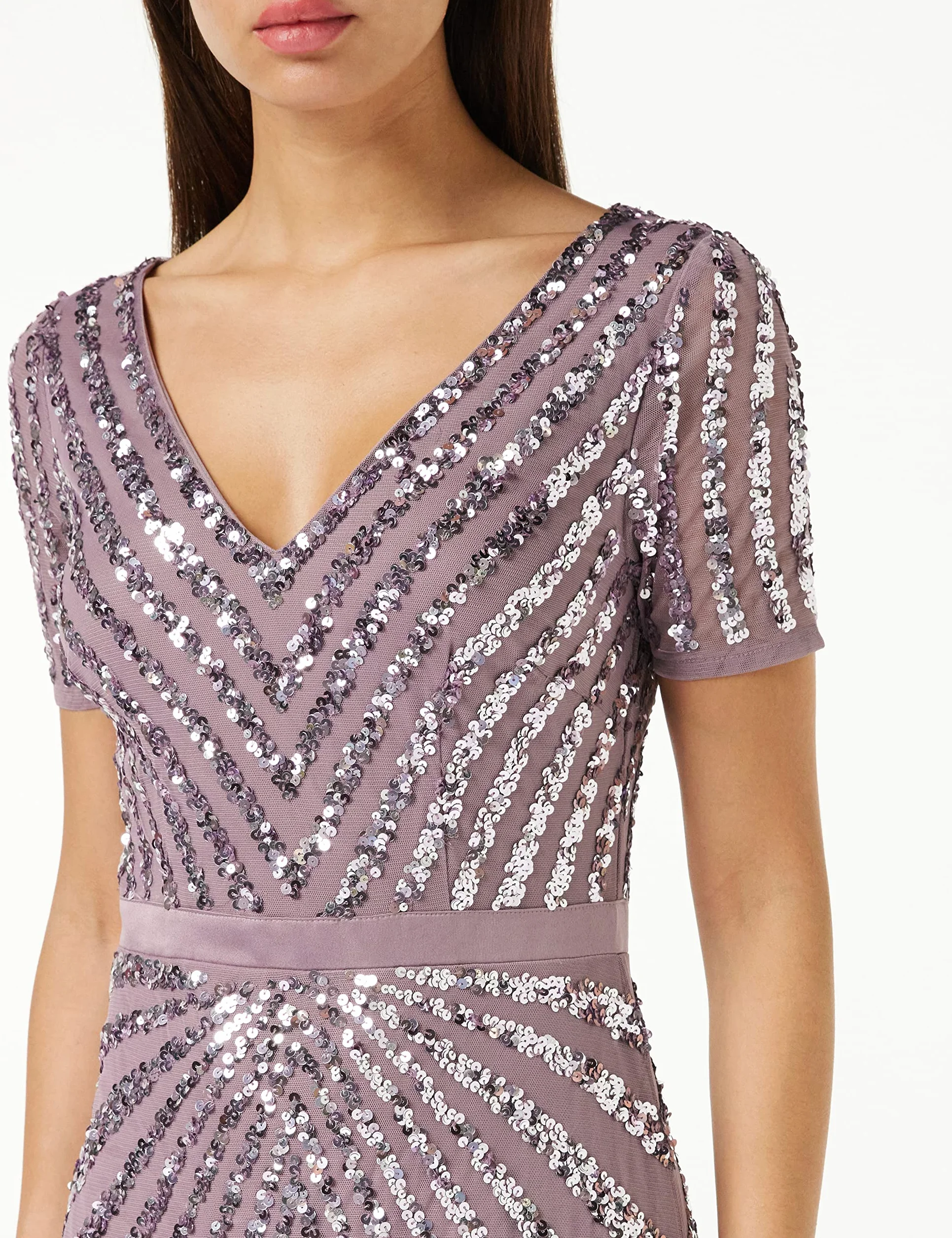 Maya Deluxe Damska sukienka maxi z cekinami z długim rękawem dekolt w serek wysoka talia krój błyszczący studniówka ślub druhna, Moody Lilac, 50
