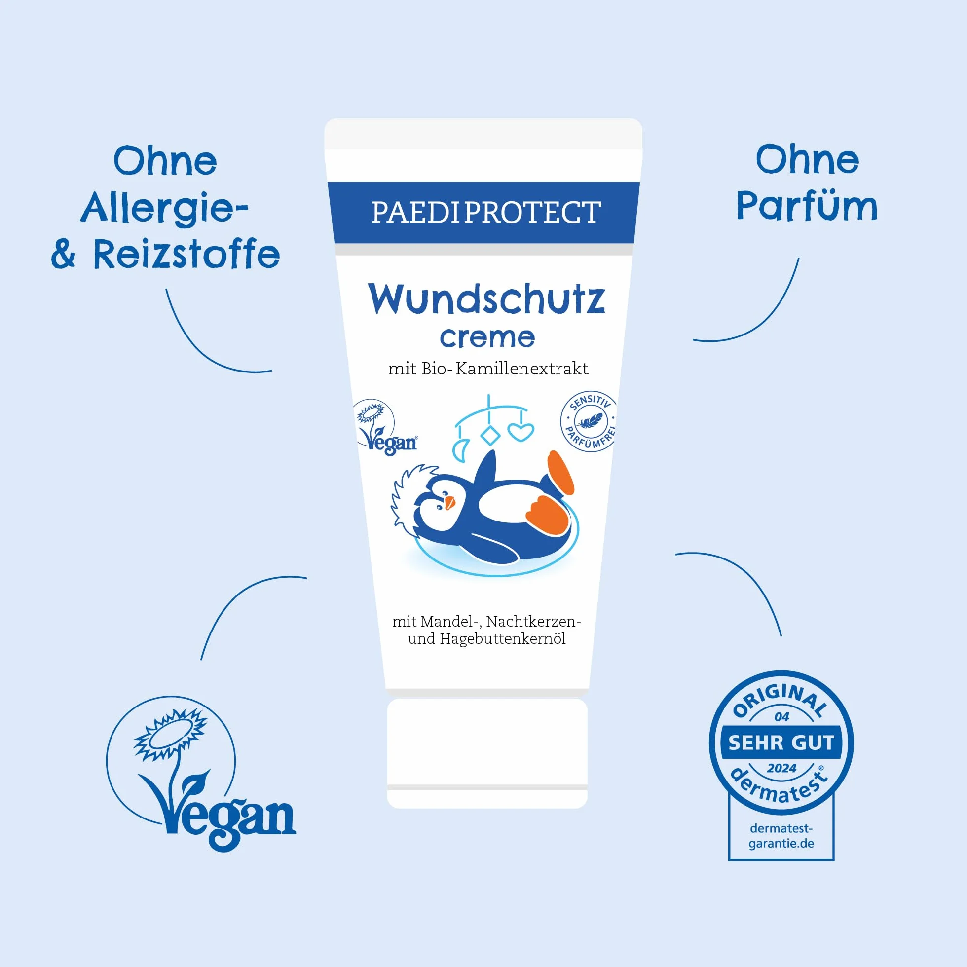 PAEDIPROTECT Krem do ochrony ran, dla niemowląt, 50 ml, maść na ranę bez perfum i silikonów, wegański krem dla niemowląt, ochrona wrażliwej skóry dziecka w obszarze pieluch, bio-rumianek maść lecznicza pomaga w zaczerwienieniu