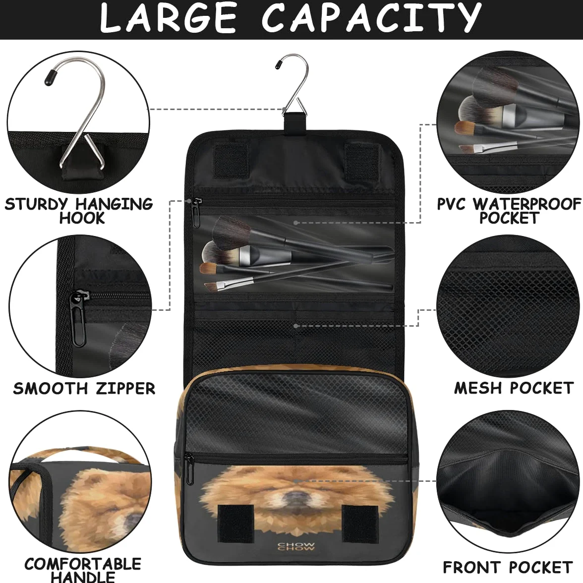Chow Geometryczne psy Podróżna kosmetyczka Psy Mycie Torba Unisex Wiszące przybory toaletowe Kosmetyczka Organizer do makijażu, wielobarwny, Jeden rozmiar