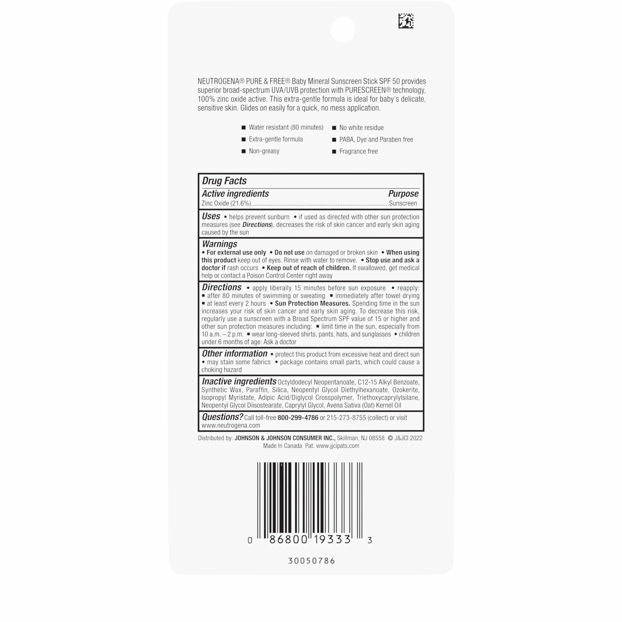 Neutrogena Pure & Free Baby Mineral Sunscreen Stick with Broad Spectrum SPF 50 & Zinc Oxide, Water-Resistant, Hypoallergenic, Paraben-, Dye- & PABA-Free Baby Face & Body Sunscreen, 0.47 oz