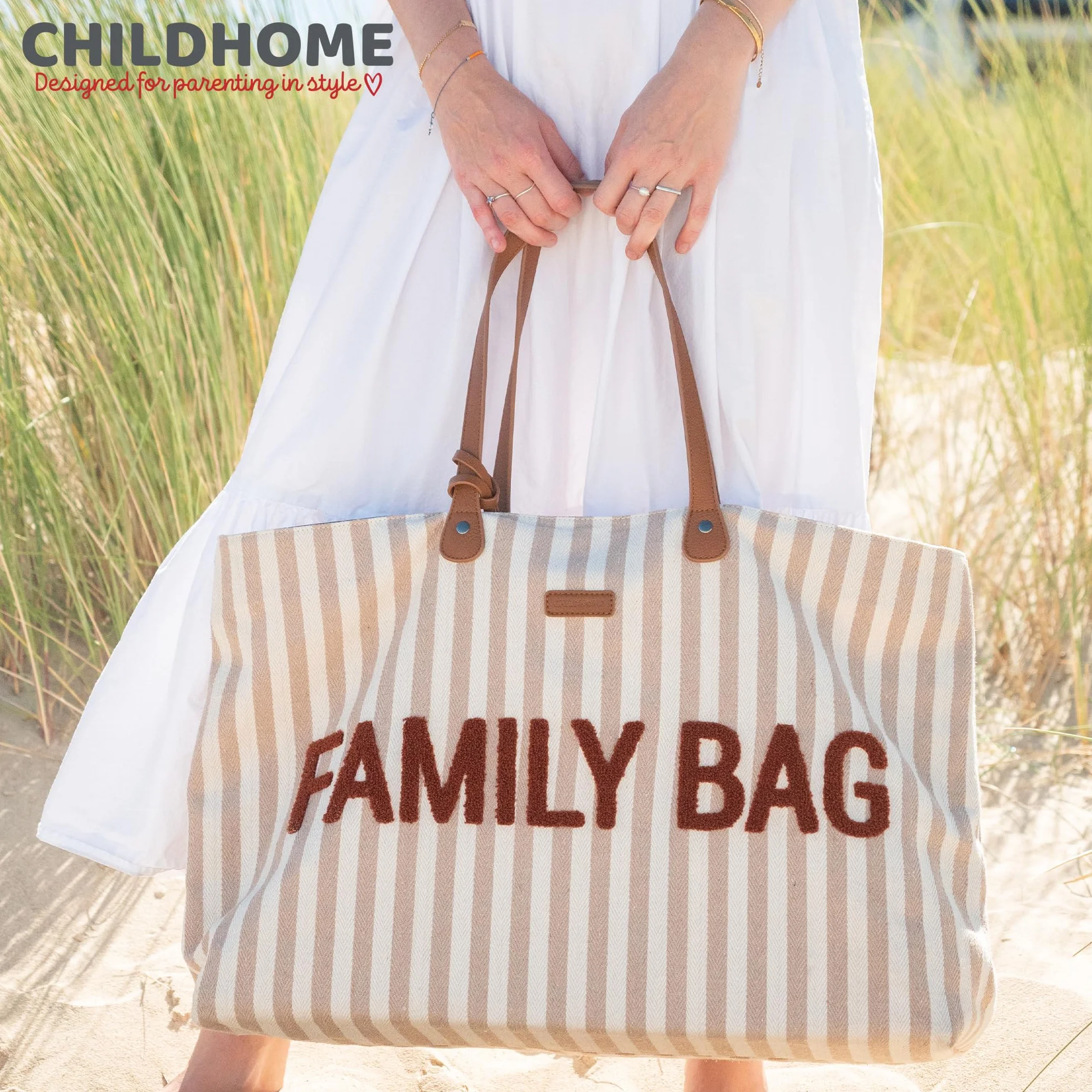 CHILDHOME, Torba rodzinna, torba na pieluchy, torba podróżna/weekendowa, duża pojemność, odpinana torba, paski terakota