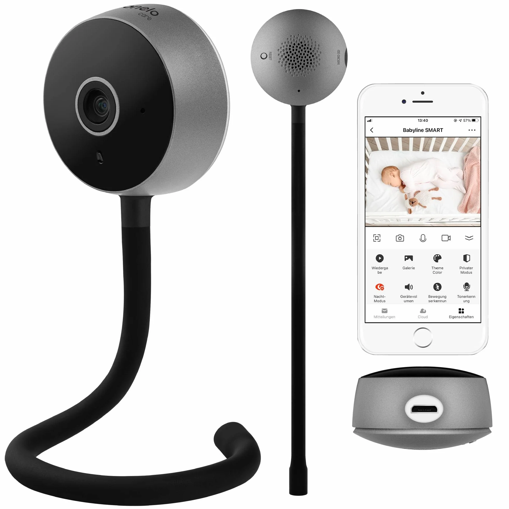 Lionelo Care Babyline Smart inteligentna elektroniczna elektroniczna niania niania, kamera dla niemowląt, Wi-Fi, aplikacja mobilna, wykrywanie ruchu i hałasu, widoczność w ciemności