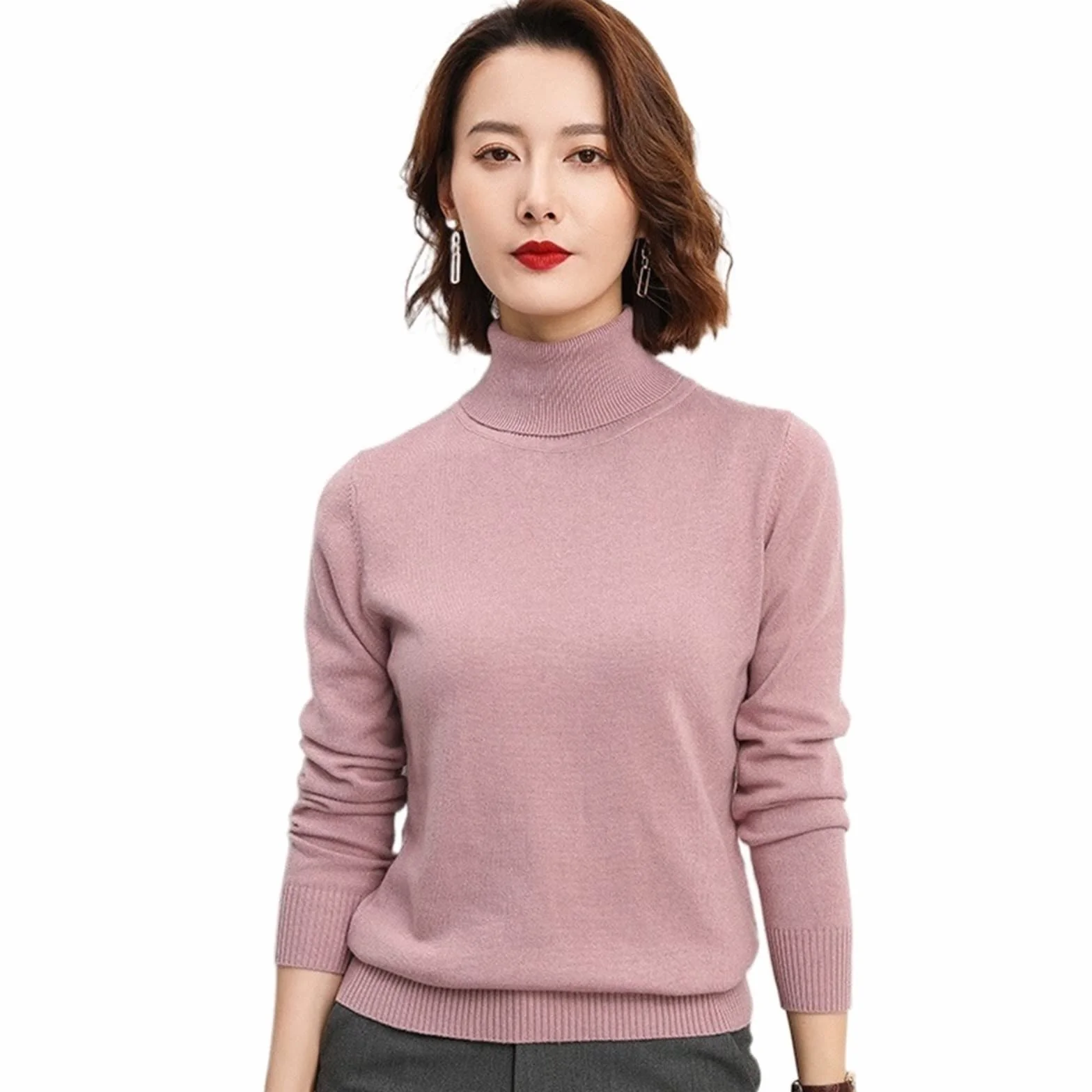 Swetry damskie Women's high collar cashmere sweater, knitted soft and warm, autumn and winter(Pink,XX-Large)