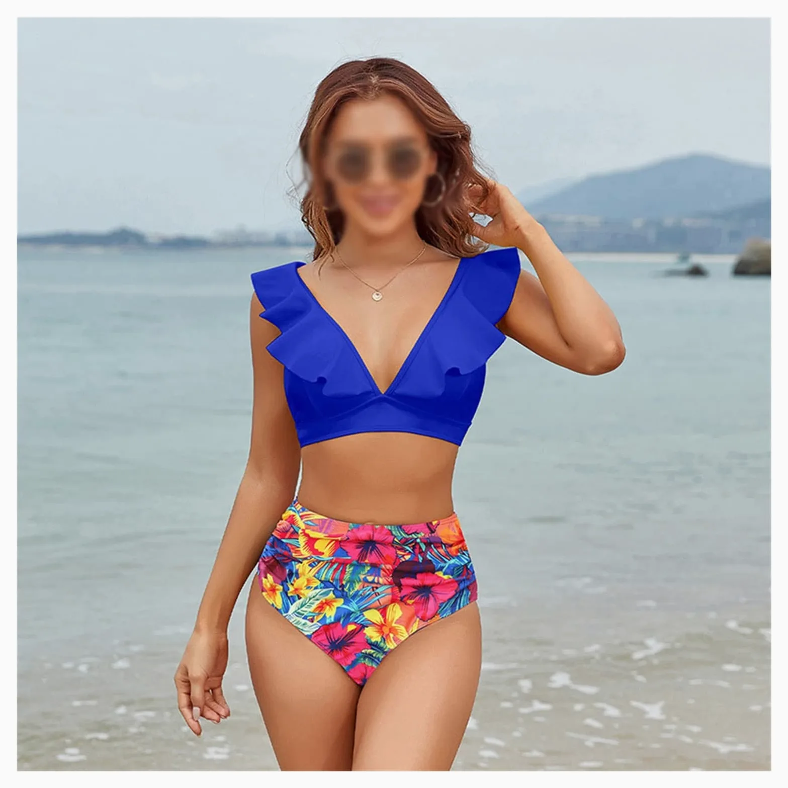 Dwuczęściowy zestaw bikini z wysokim stanem Strój kąpielowy Wzburzyć Kobieta Kobiety Kostiumy kąpielowe Stroje kąpielowe Strój kąpielowy (kolor: niebieski, rozmiar: kod M) (niebieski kod XL)