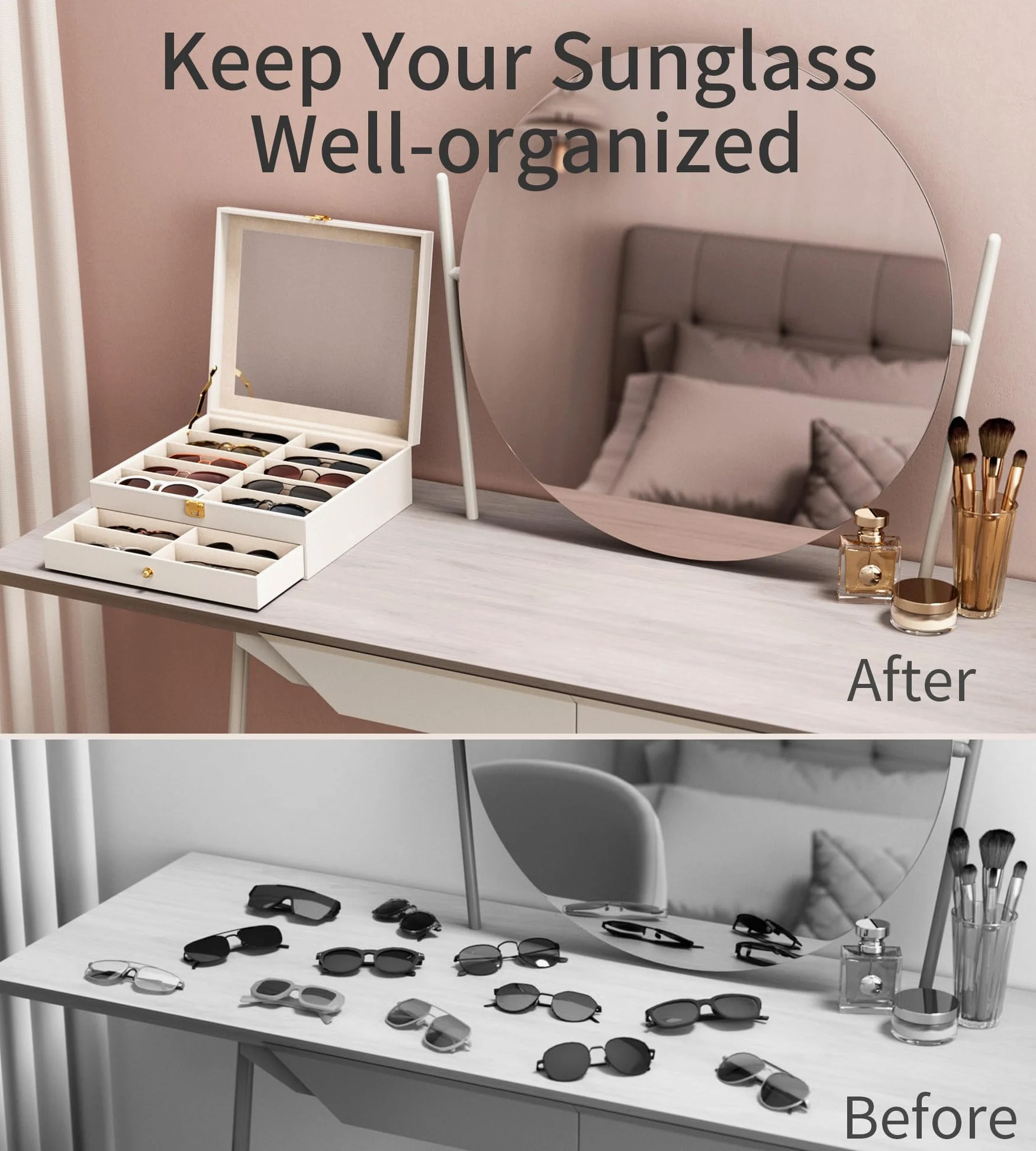 NEWLOOP Organizer do przechowywania etui na okulary przeciwsłoneczne, organizer na okulary przeciwsłoneczne, przezroczysta gablota, wiele par, stojak na okulary, 2-warstwowy, biżuteria, zegarek