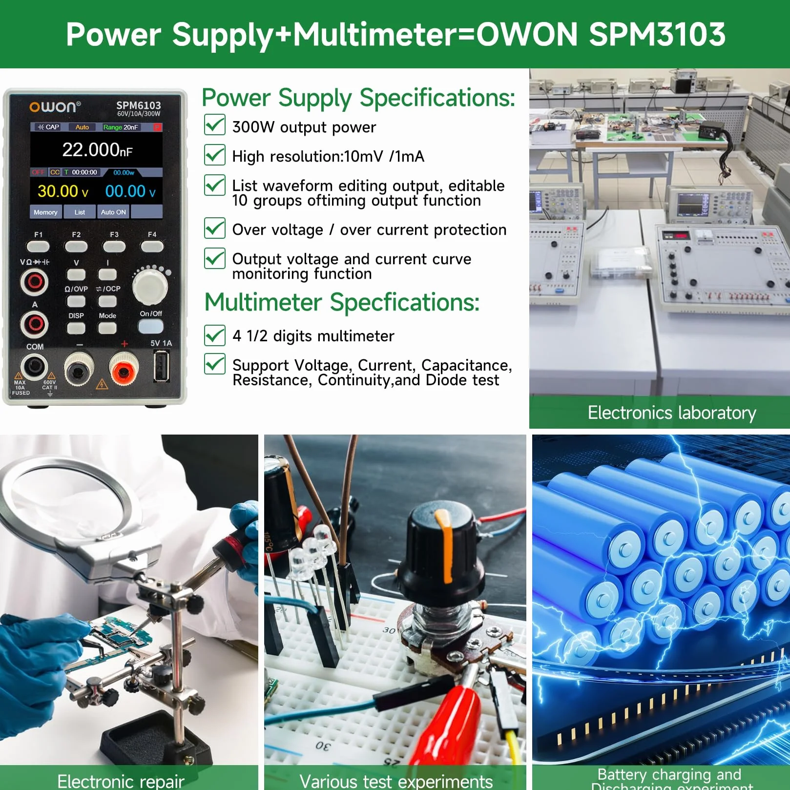 OWON SPM6103 Programowalny zasilacz DC 0-60V 0-10A 300W 4 1/2-cyfrowy multimetr