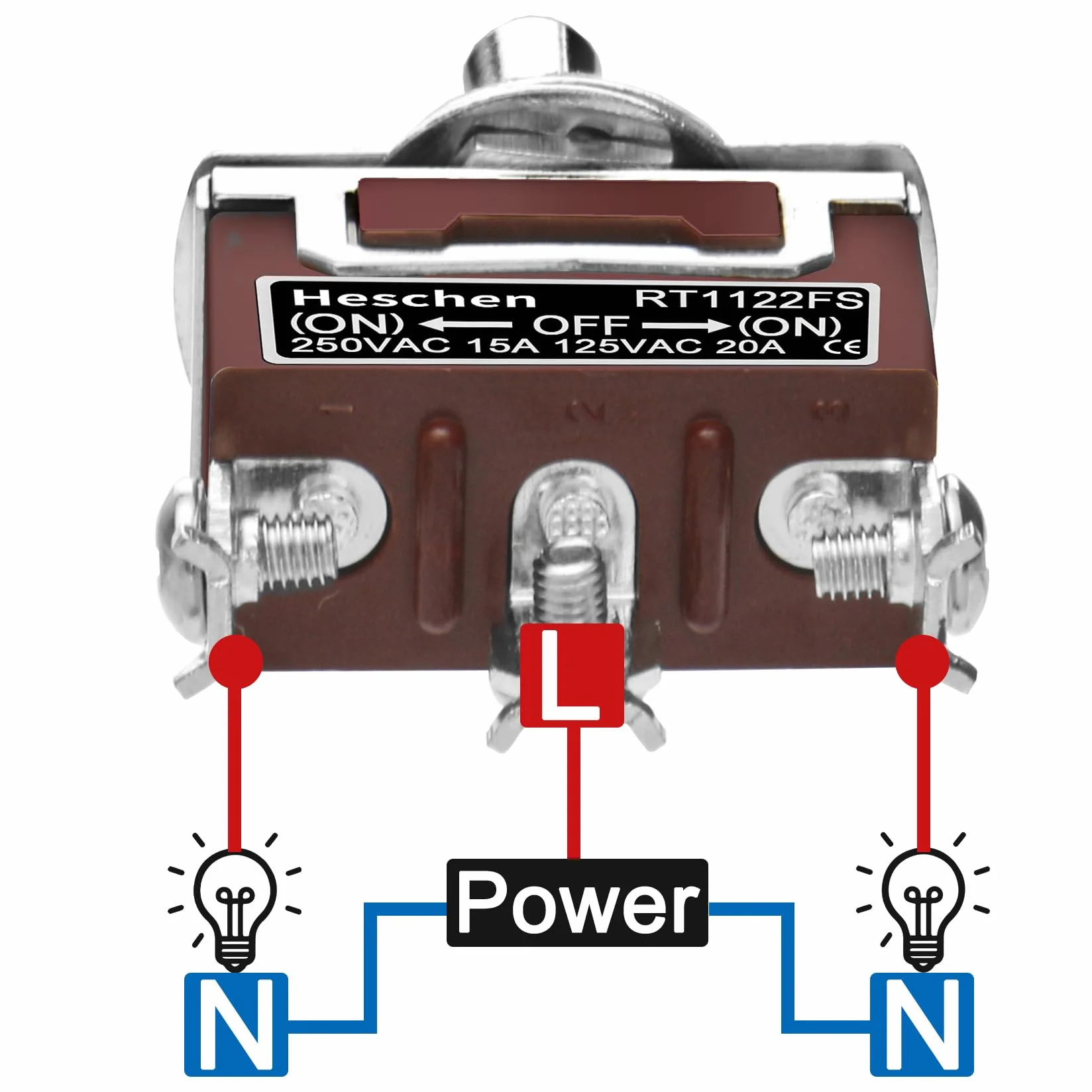 Heschen Metalowy przełącznik dźwigniowy, RT1122FS, SPDT, typ chwilowy, (ON)/OFF/(ON) 3-pozycyjny, 15 A 250 VAC, z wodoodporną nasadką, CE
