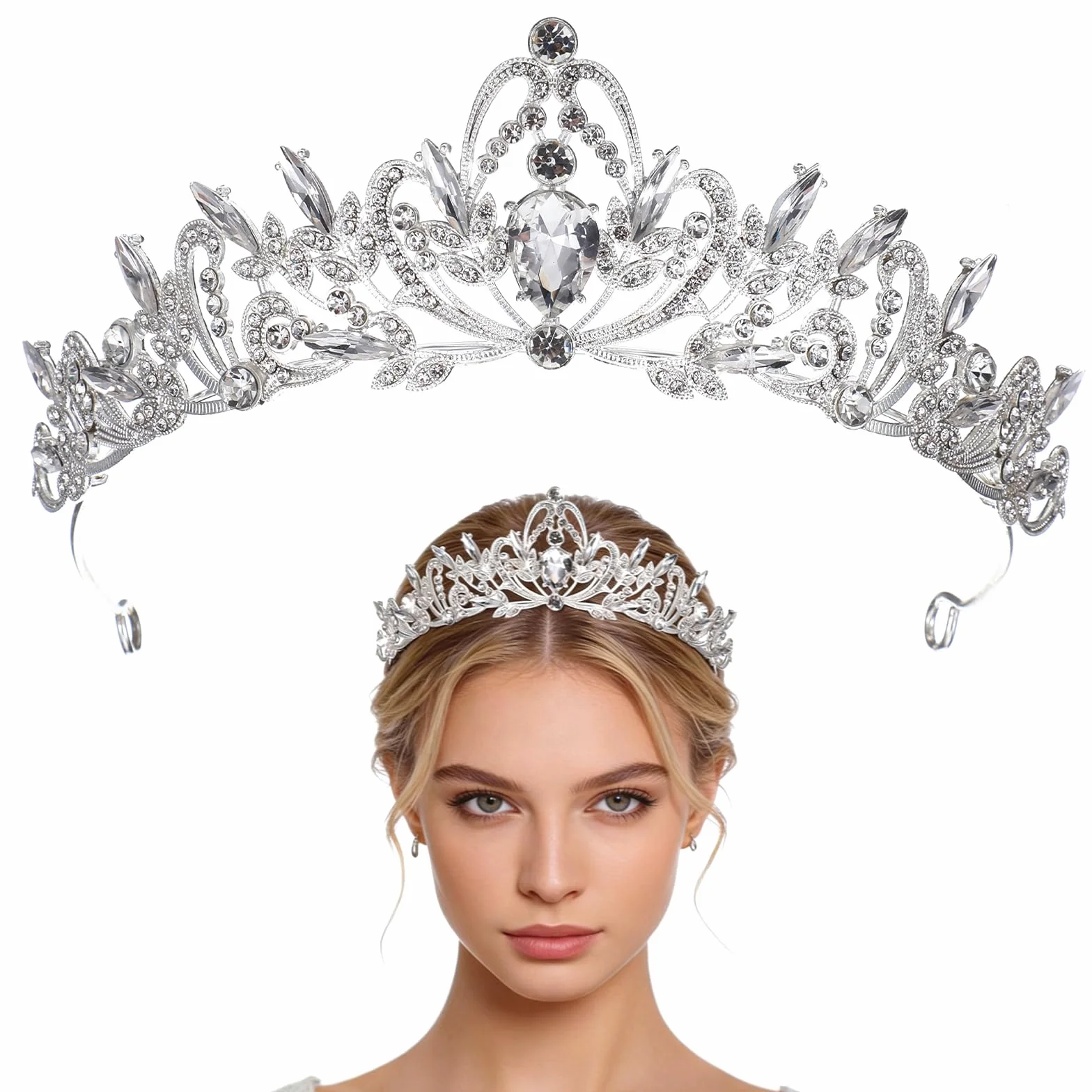 Diadem ślubny, srebrna kryształowa korona ze strasu z 2 spinkami do włosów, diadem dla panny młodej, dla dziewcząt, na bal absolwentów, uroczystość, urodziny, wesele, imprezę