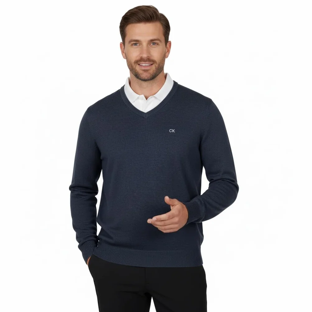 Calvin Klein Meski sweter golfowy 2025 z dekoltem w szpic z miekkiej bawelny Easy Care