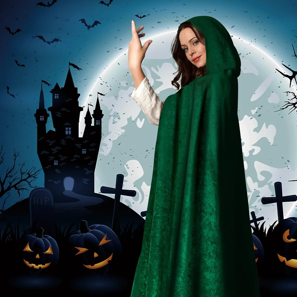 AOOWU Zielona peleryna, Halloween, peleryna z kapturem, czarownica, akcesoria do cosplay, kostium dla dorosłych, ponury żniwiarz, peleryna, długi płaszcz dla wampira, na Halloween, imprezę rodzinną