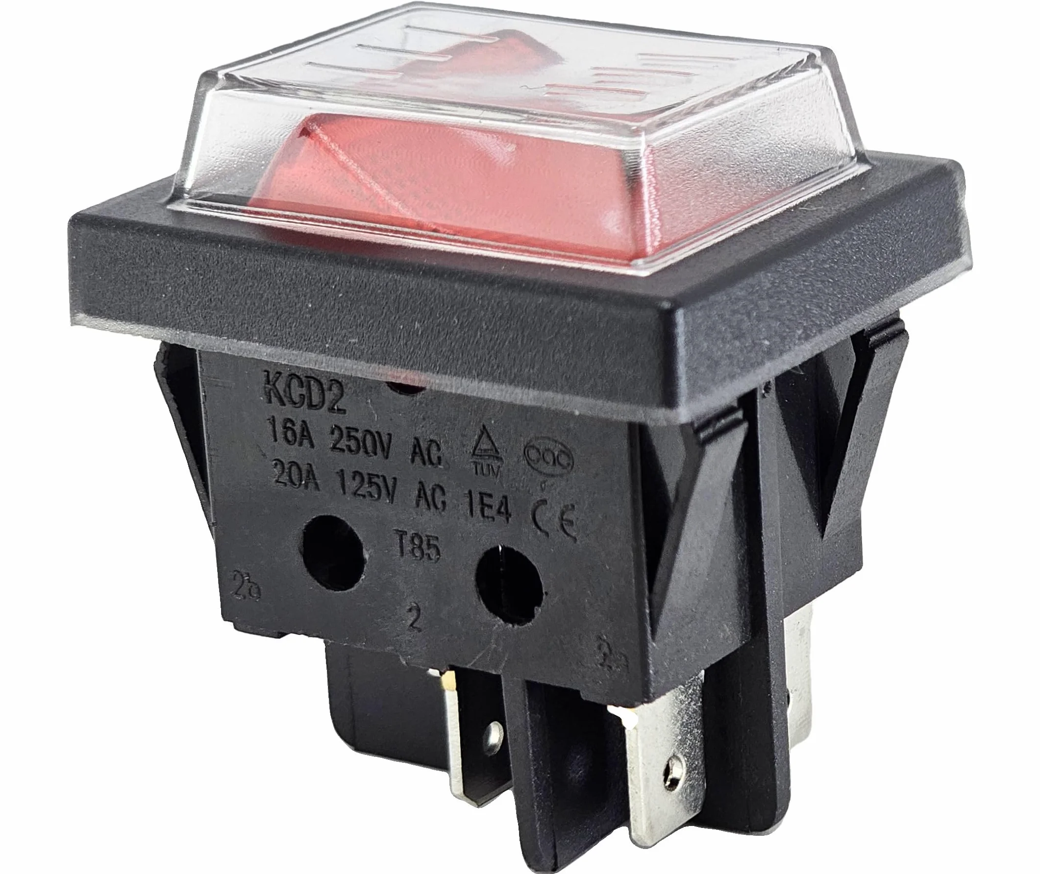Przełącznik kołyskowy z wodoszczelną osłoną, 2-biegunowy (4pin), 16 A, 250 V AC, 30 x 22 mm, czerwony kołysk, podświetlany