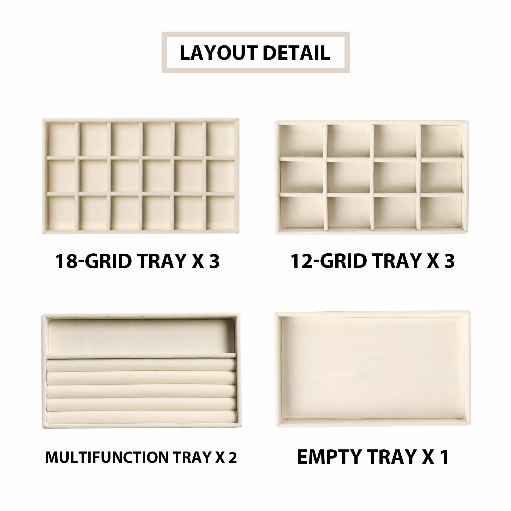 Frebeauty Jewelry Organizer Tray,Stackable Velvet Jewelry Trays,Drawer Inserts Earring Organizer For Women Jewelry Storage Display Case for Rings Stud Necklaces,Set of 9(Beige)