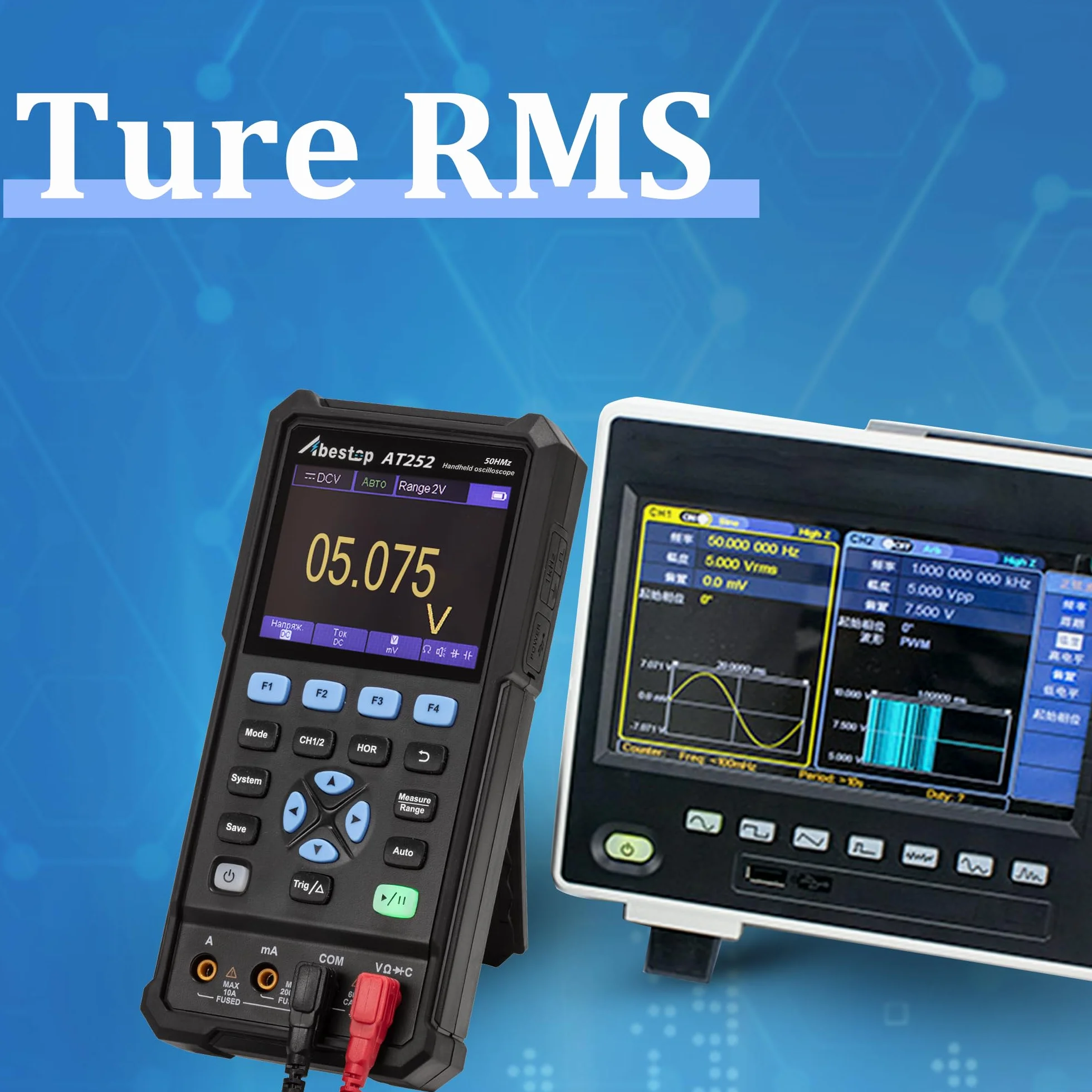 Abestope AT252 50MHz Bandwidth Oscilloscope Handheld Digital 2 in 1 Oscilloscope + Multimeter with 2 Channels and 3.5 inch LCD