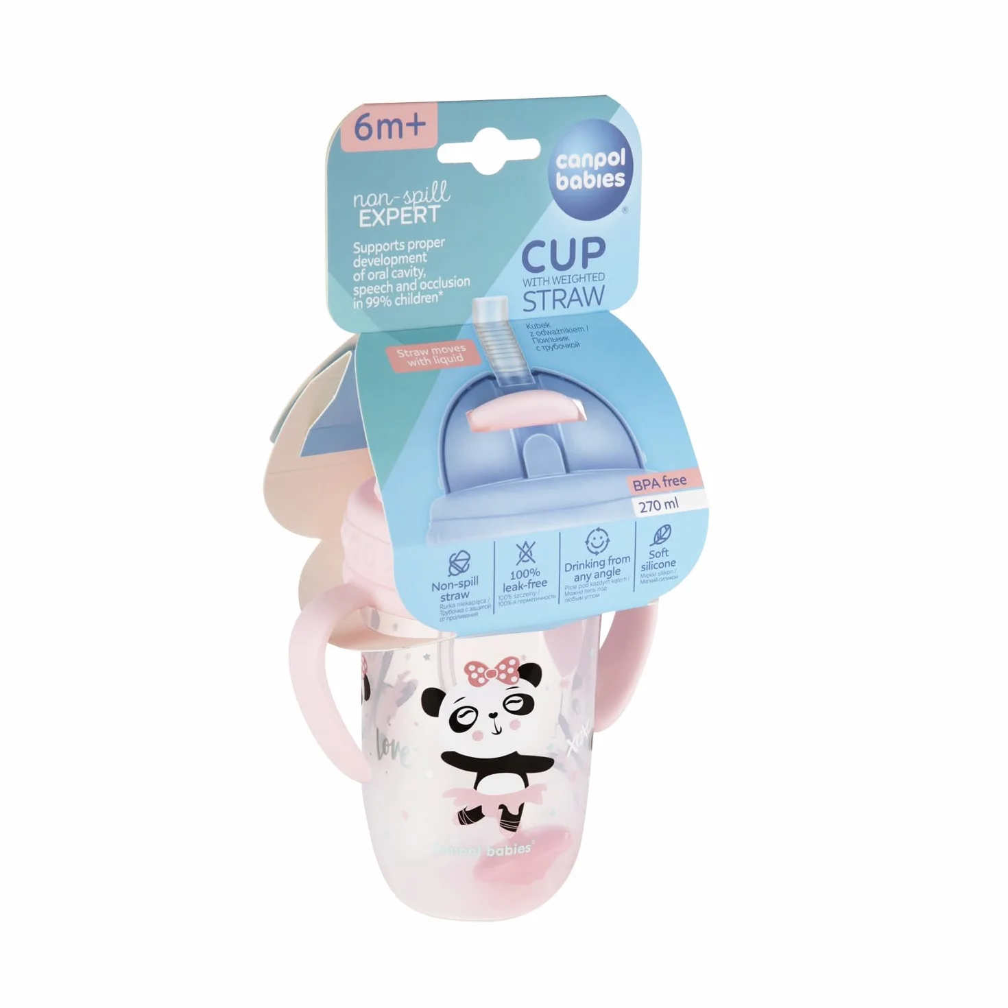 Canpol babies Kubek niekapek z rurką i odważnikiem EXOTIC ANIMALS 270 ml, 6 m+, Picie pod każdym kątem, Niekapiąca miękka silikonowa rurka, Szczelna pokrywka (Różowy Panda)