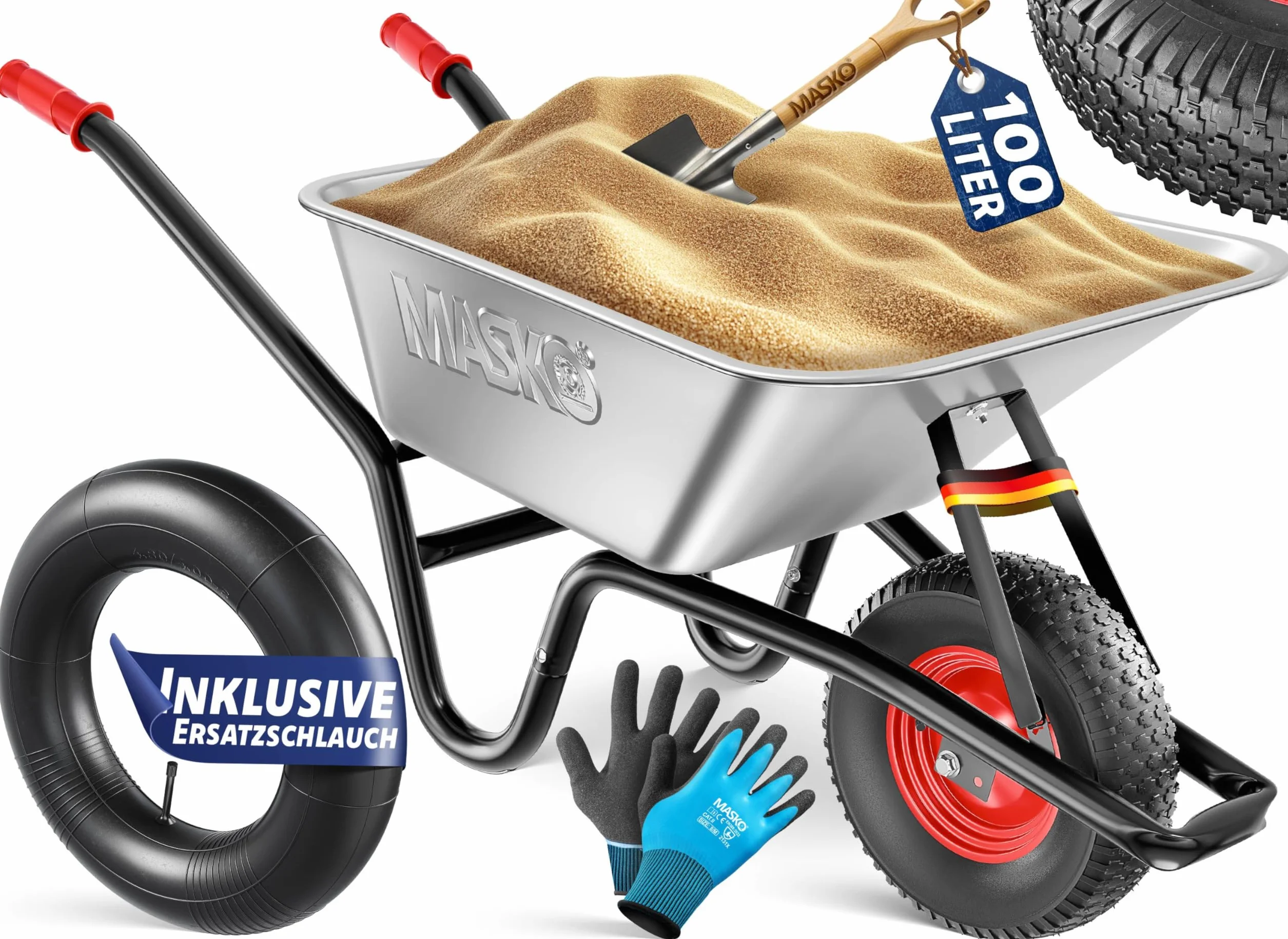 MASKO® Taczka budowlana taczka ogrodowa 100 litrów do 250 kg opony pneumatyczne z felgą stalową ocynkowaną rama stalowa wózek ogrodowy, wózek transportowy, w zestawie rękawice