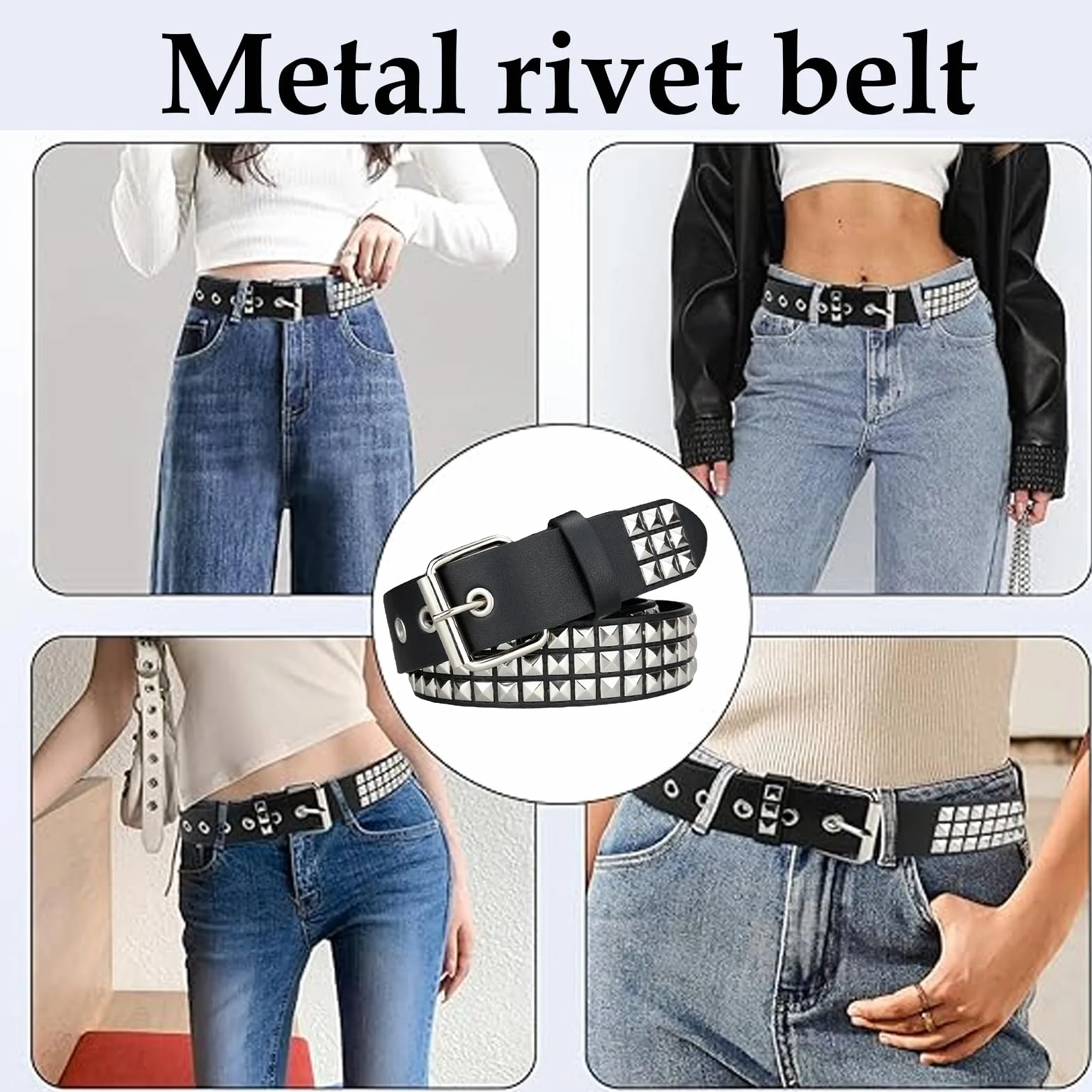 Women's Punk Black Belt, Adjustable PU Leather Waist Belt, Multi-Layered Buckle Design 115cm/45.28 inches, 1-Pack Black, For Party Nightclub Daily Wear Dating Outfits