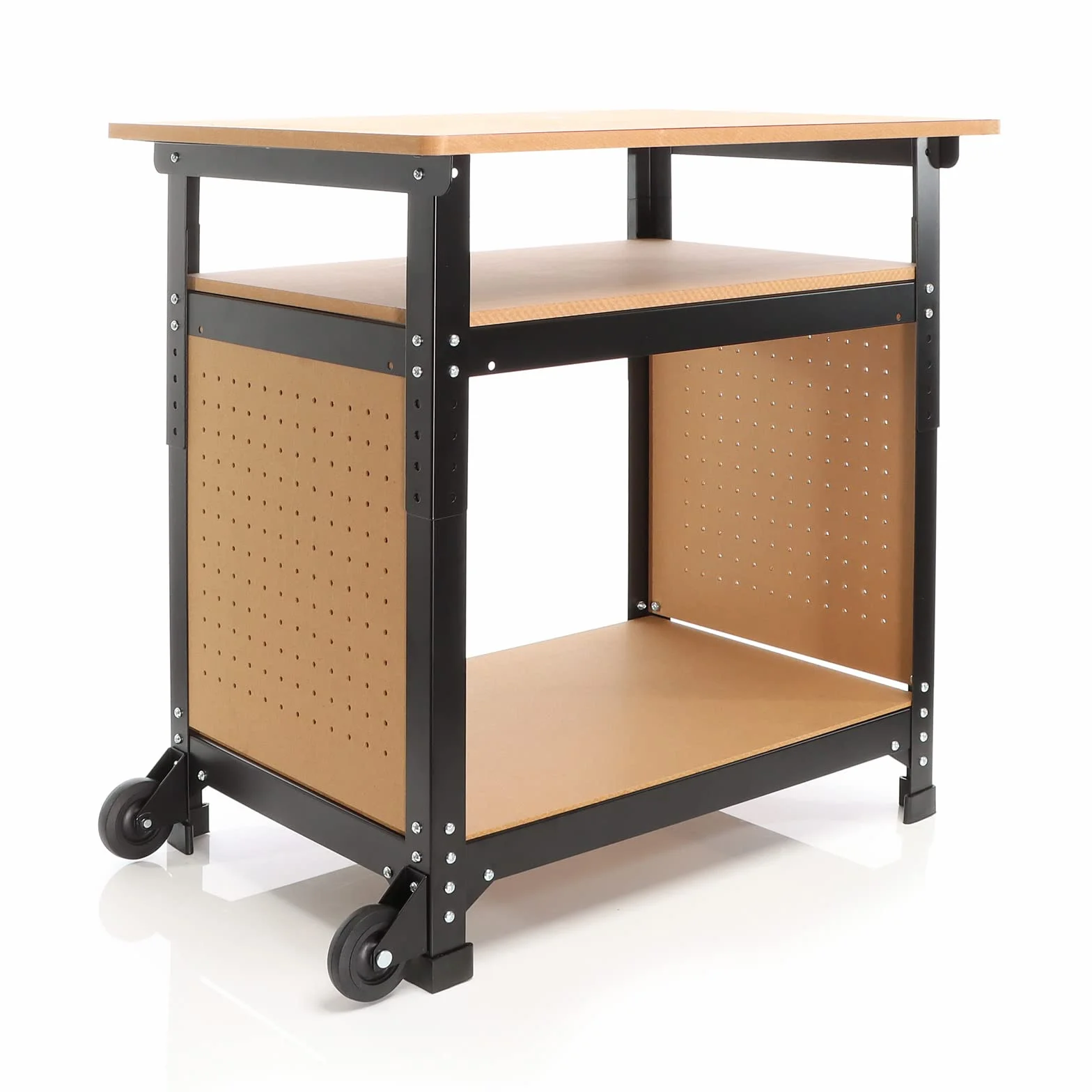 XPOtool Stół warsztatowy, 68 x 50 x 66-82 cm, ruchomy, regulowany na wysokość, z 2 kółkami i 2 półkami, warsztat
