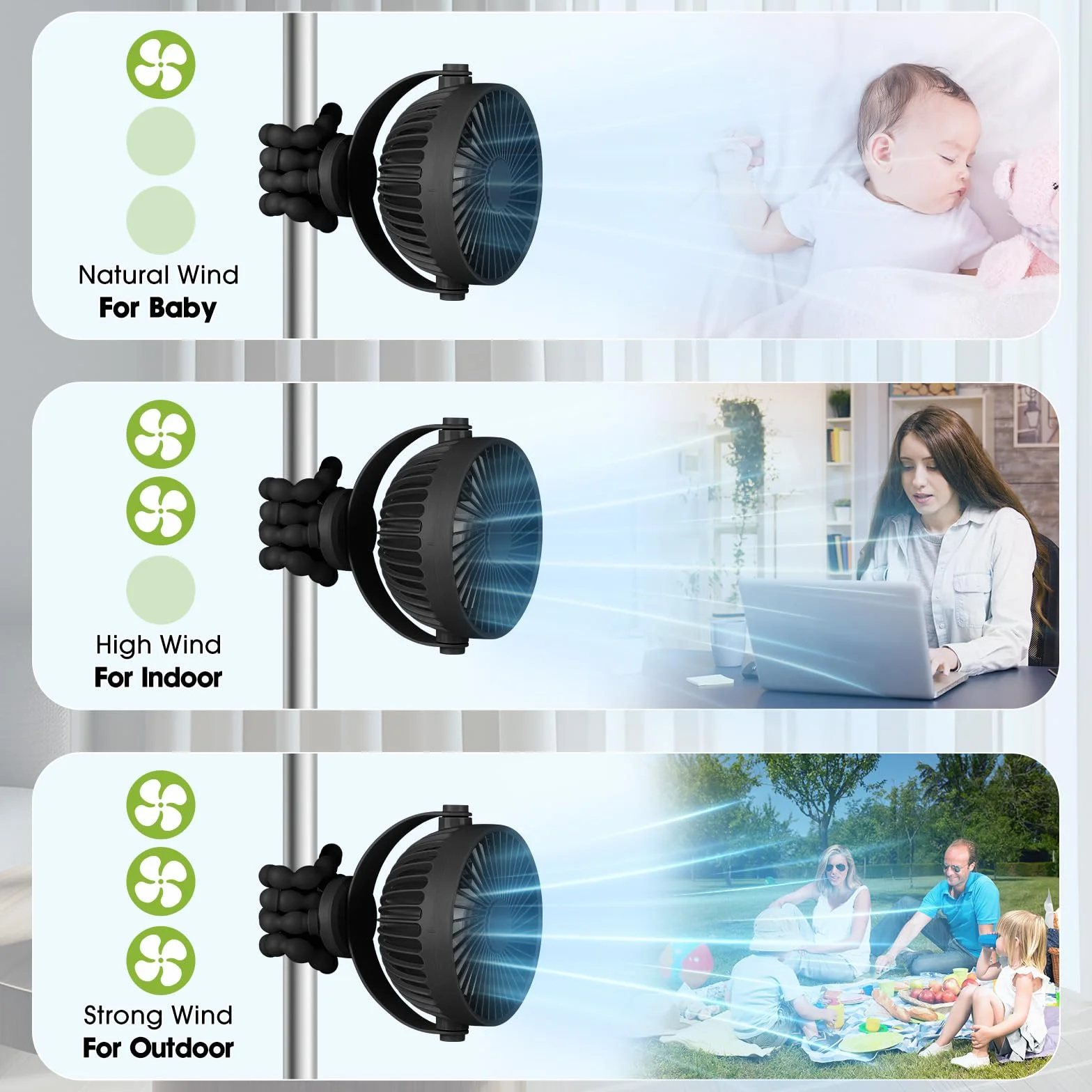 Wentylator do wózka POPERFUN 5200 mAh 40H, żywotność akumulatora wentylatora do wózka, odłączany wentylator USB 360°, 3 prędkości, podróż, fotelik samochodowy, biuro (Czarny)