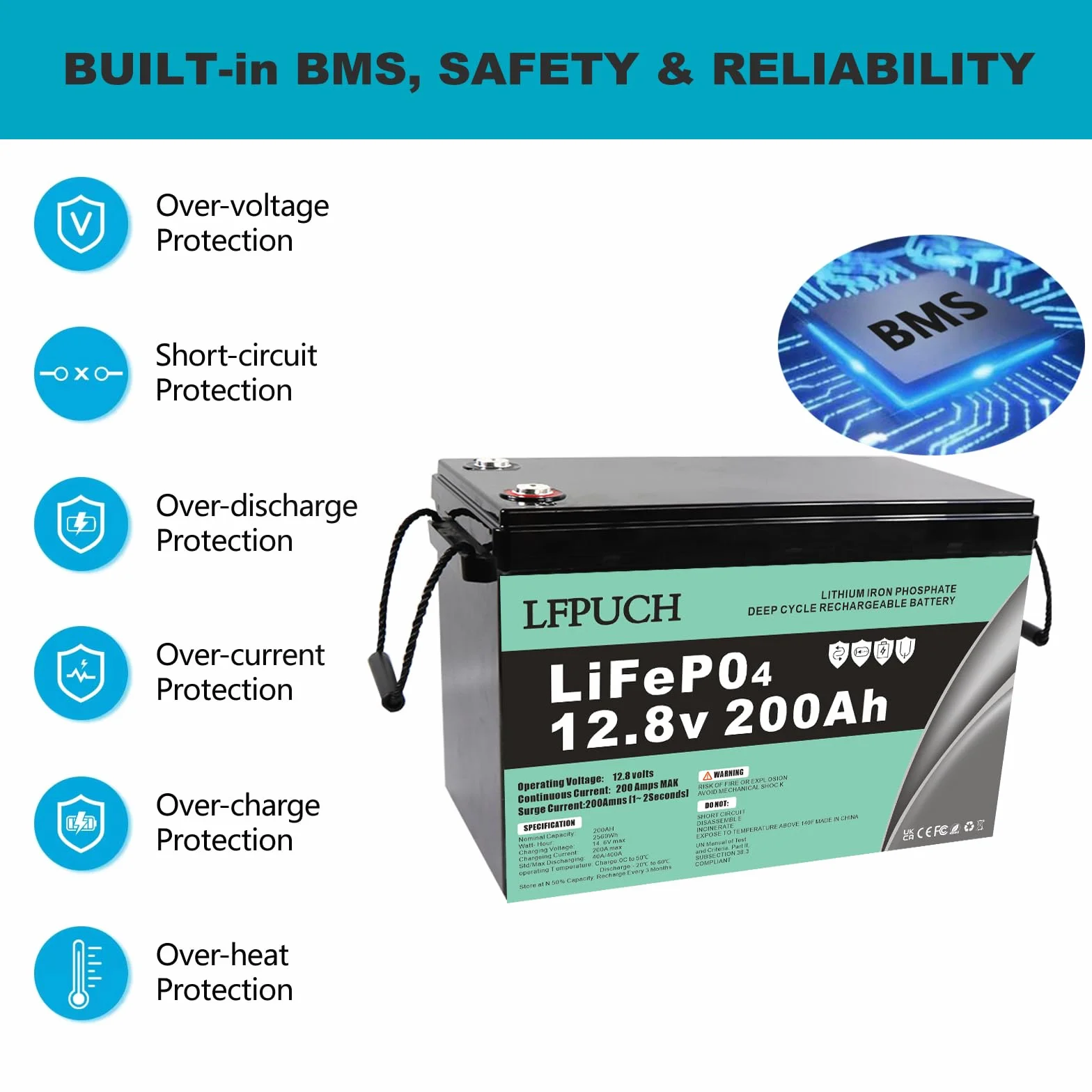Leisure Bateria，Battery Akumulator LiFePO4 12V 200Ah litowo-żelazowo-fosforanowy zamiast akumulatora samochodowego AGM o głębokim cyklu, Nadaje się do systemów fotowoltaicznych, kempingów itp.