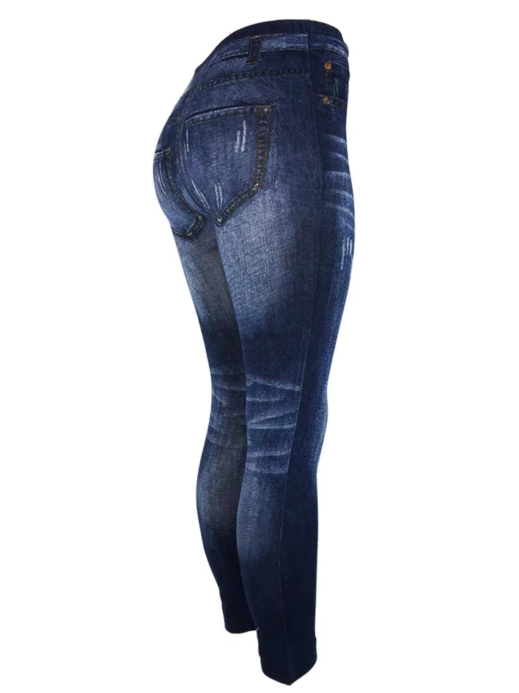 Damskie dżinsy z nadrukiem denimu bezszwowe legginsy o pełnej długości, Czarny dżins/niebieski dżins, rozmiar uniwersalny