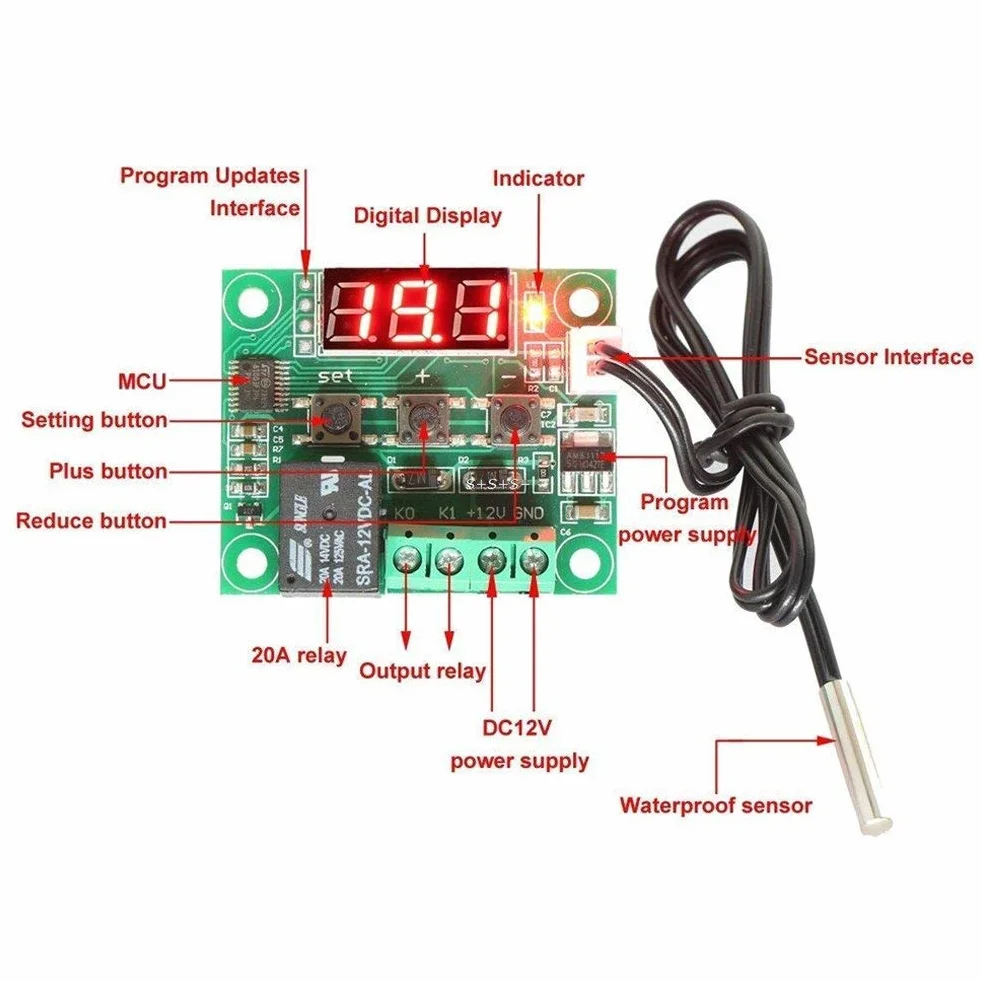 Hailege 2 szt. W1209 12 V DC cyfrowy regulator temperatury płyta mikrocyfrowy termostat -50-110°C elektroniczny regulator temperatury, przełącznik z przekaźnikiem jednokanałowym 10 A i wodoodporność