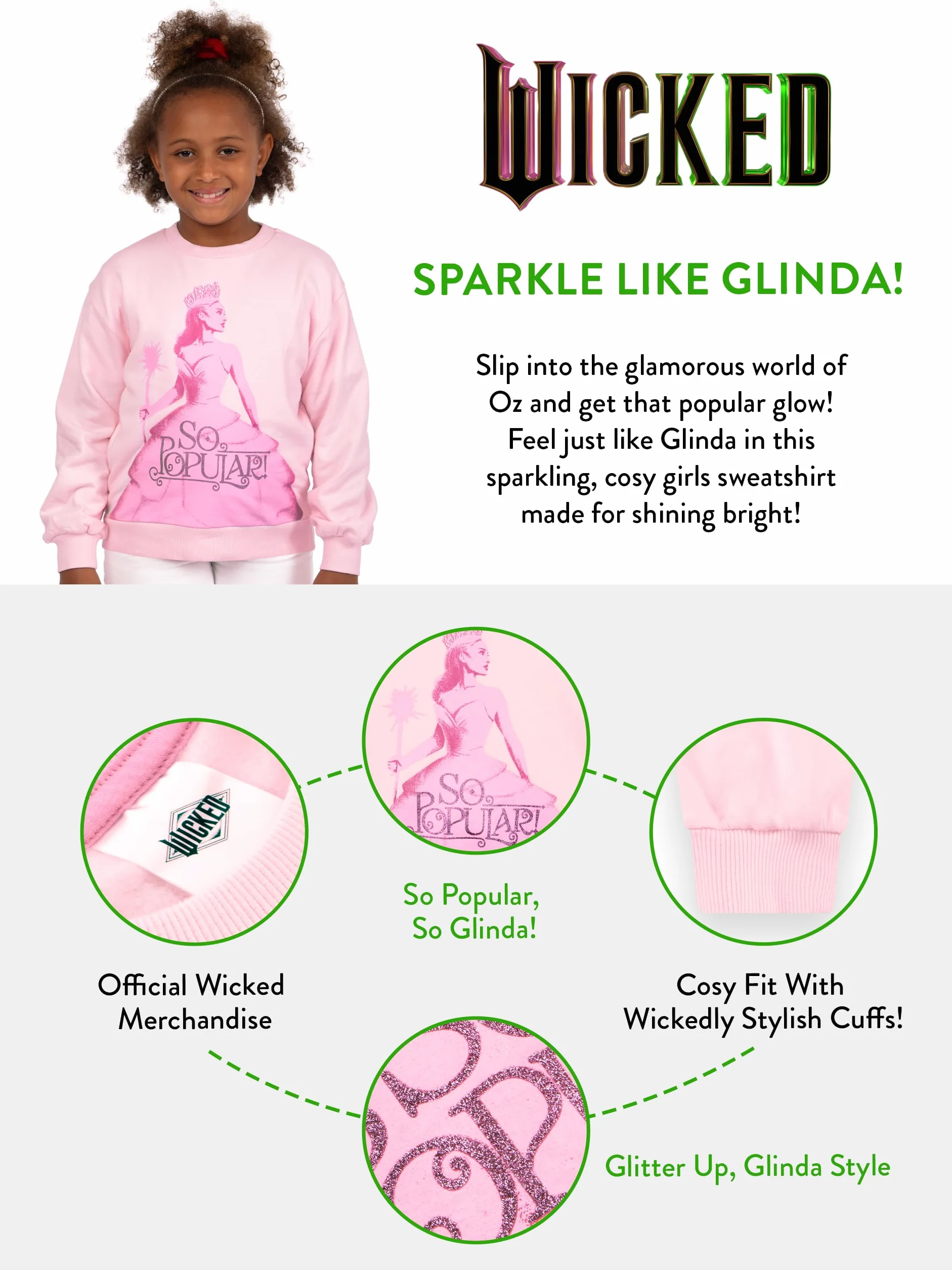 WICKED Bluza | Glinda Bluza Dla Dziewczynek | Bluza Z Brokatem Dla Dziewczynek | Rosa 140