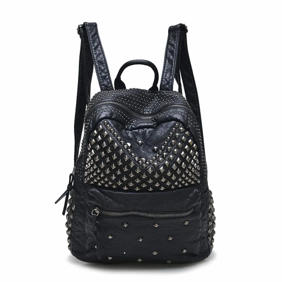Rivet Design Luxe czarny plecak ze skóry PU torba na ramię wypoczynek torba podróżna torba szkolna plecak dla nastolatek dziewcząt, Czarny, M, Plecaki tornistry