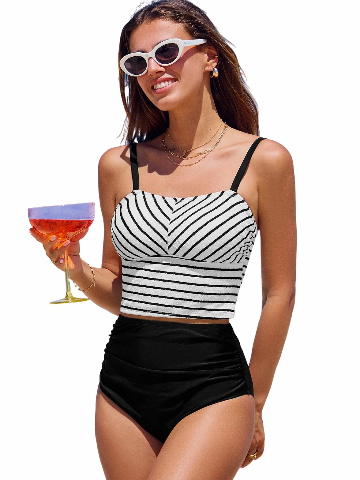 CUPSHE Damskie zestawy tankini kwadratowy dekolt elastyczne dwuczęściowe stroje kąpielowe z wysokim stanem regulowane paski stroje kąpielowe