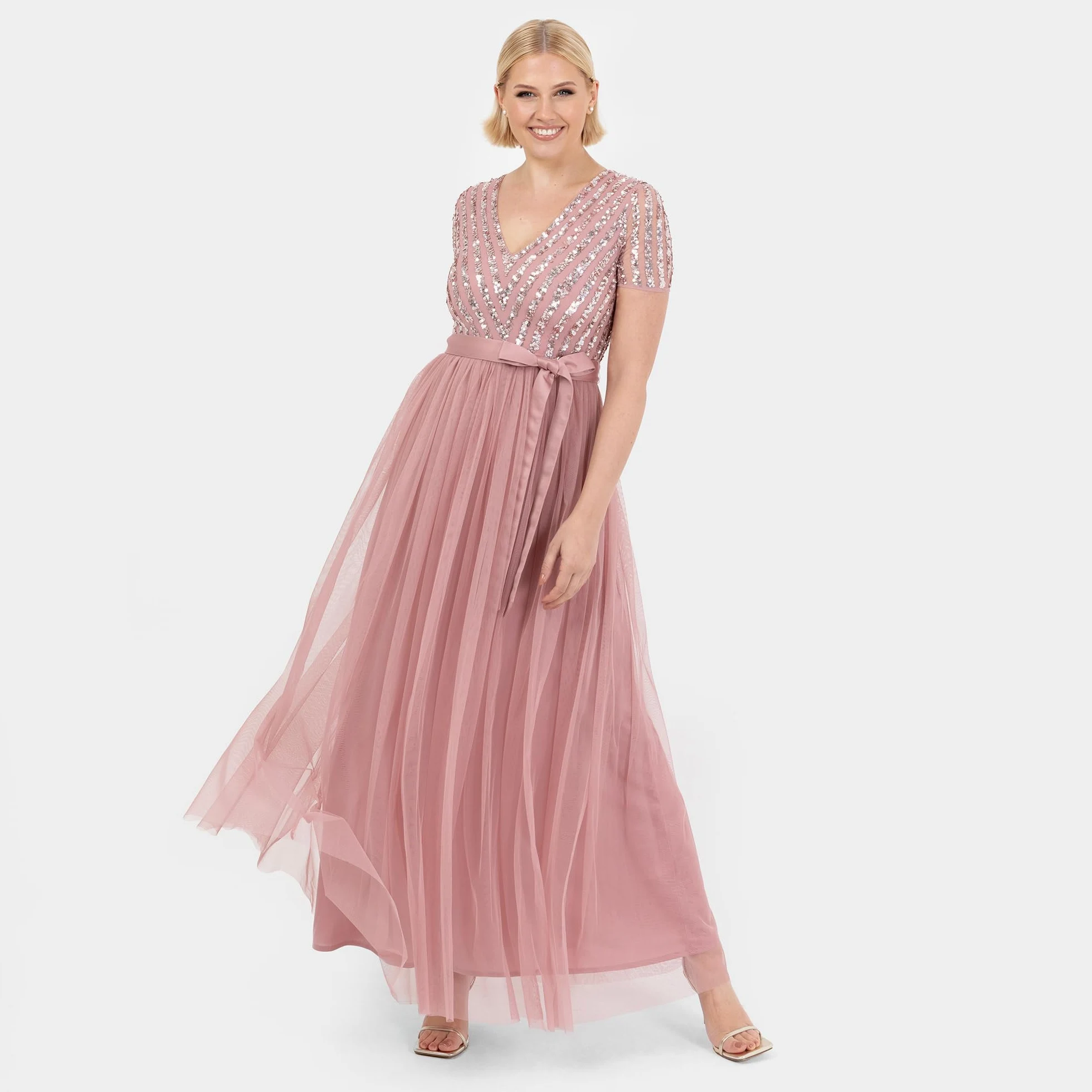 Maya Deluxe Sukienka maxi dla kobiet damska suknia balowa z dekoltem w szpic z krótkim rękawem długa elegancka talia Empire z paskiem vintage róża rozmiar 26, Róża Vinatge, 52
