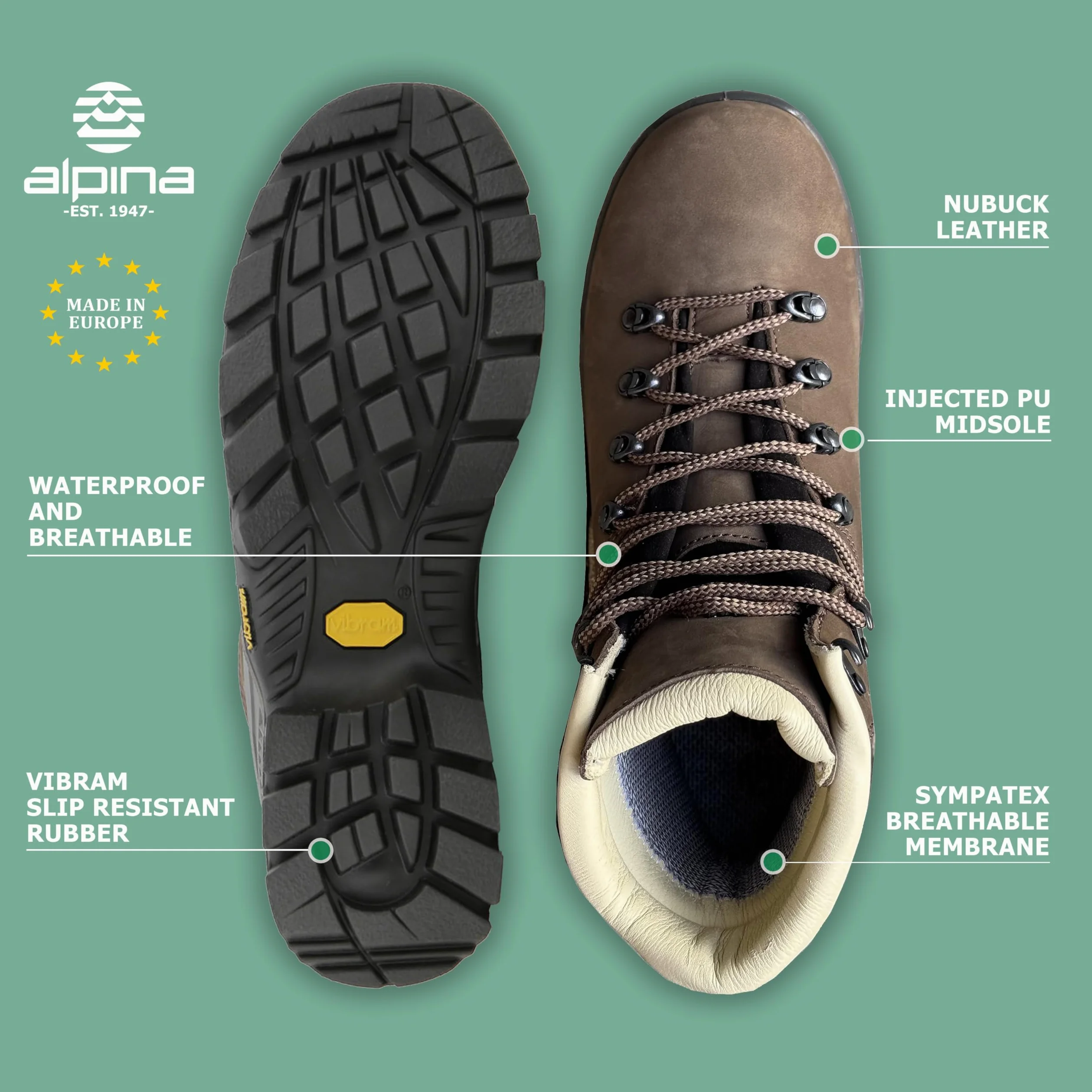 Alpina Tibet Wysokie Buty Trekkingowe Damskie Skórzane | Wodoodporne Buty Trekkingowe z Podeszwą Vibram i Membraną Sympatex