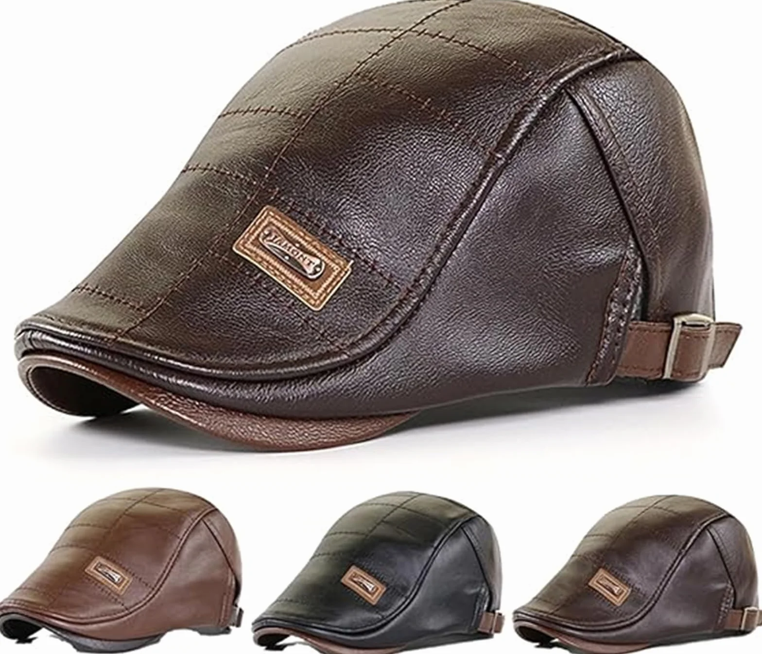 Skórzany Beret Męski Czapka Ciepła Zimowa Gazeciarz Kapelusz Modny Unisex Ciemnobrązowy, Brązowy