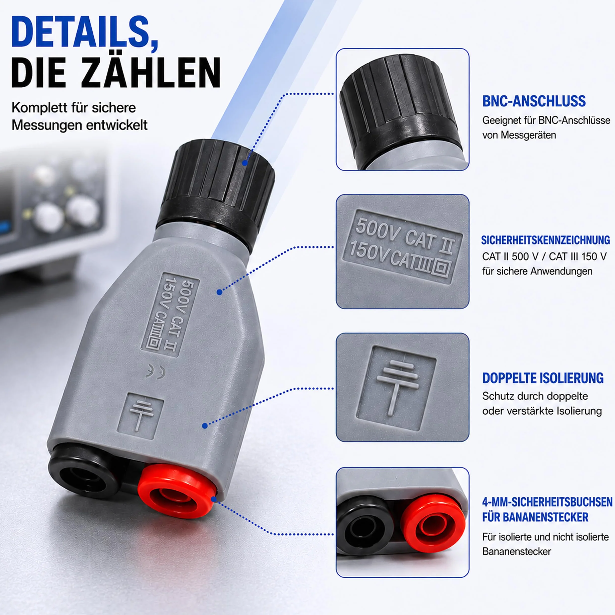 PeakTech P 7055 BNC adapter wtyczka bananowa gniazda, akcesoria do oscyloskopu, generatora sygnału, licznika częstotliwości i szczypiec prądowych z przewodem pomiarowym 4 mm, w pełni izolowany