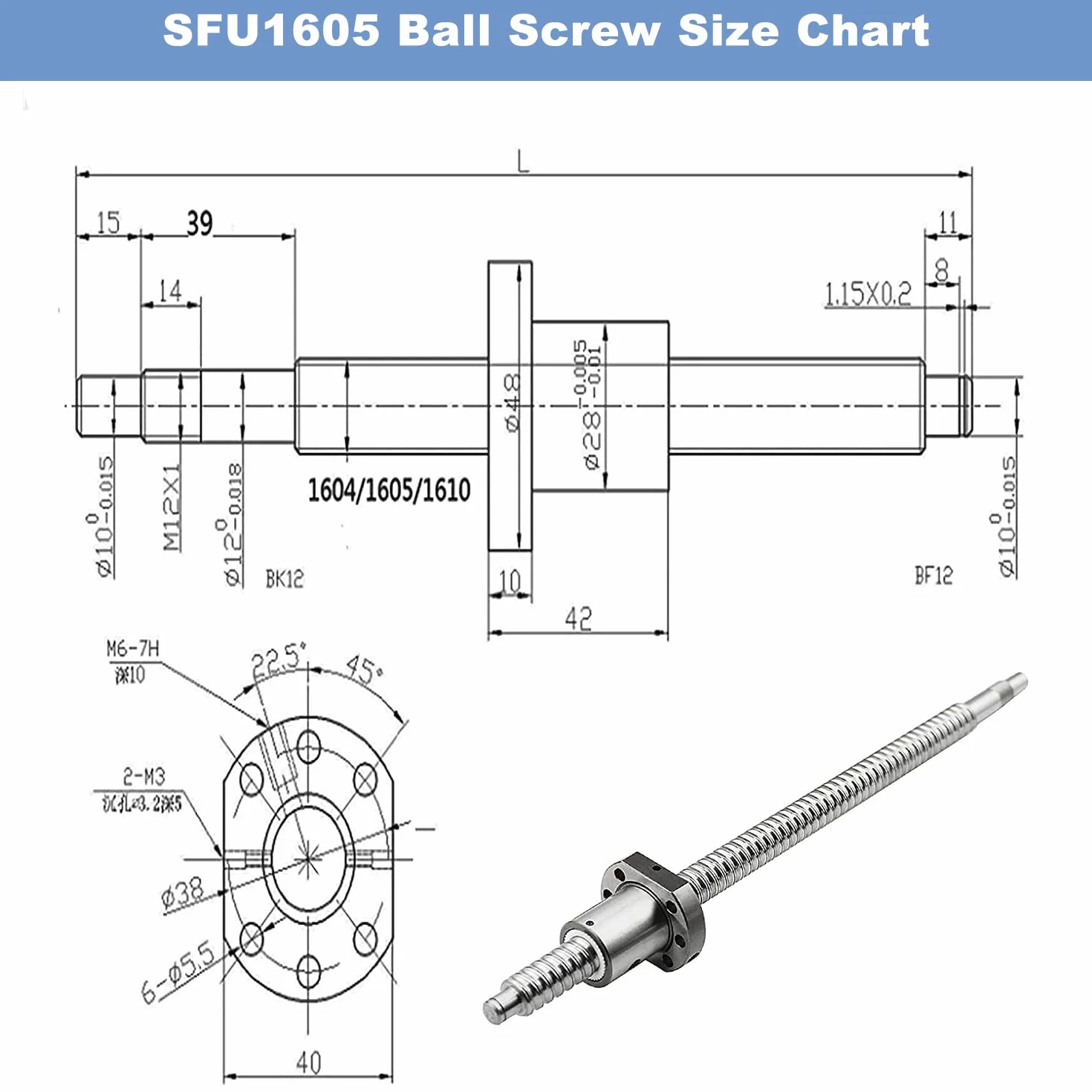 CNCMANS Śruba kulowa SFU1605 300 mm ze stali nierdzewnej z uchwytem końcowym BK12/BF12, złączką śrubową i obudową nakrętki DSG16H, części CNC do maszyn i urządzeń automatycznych