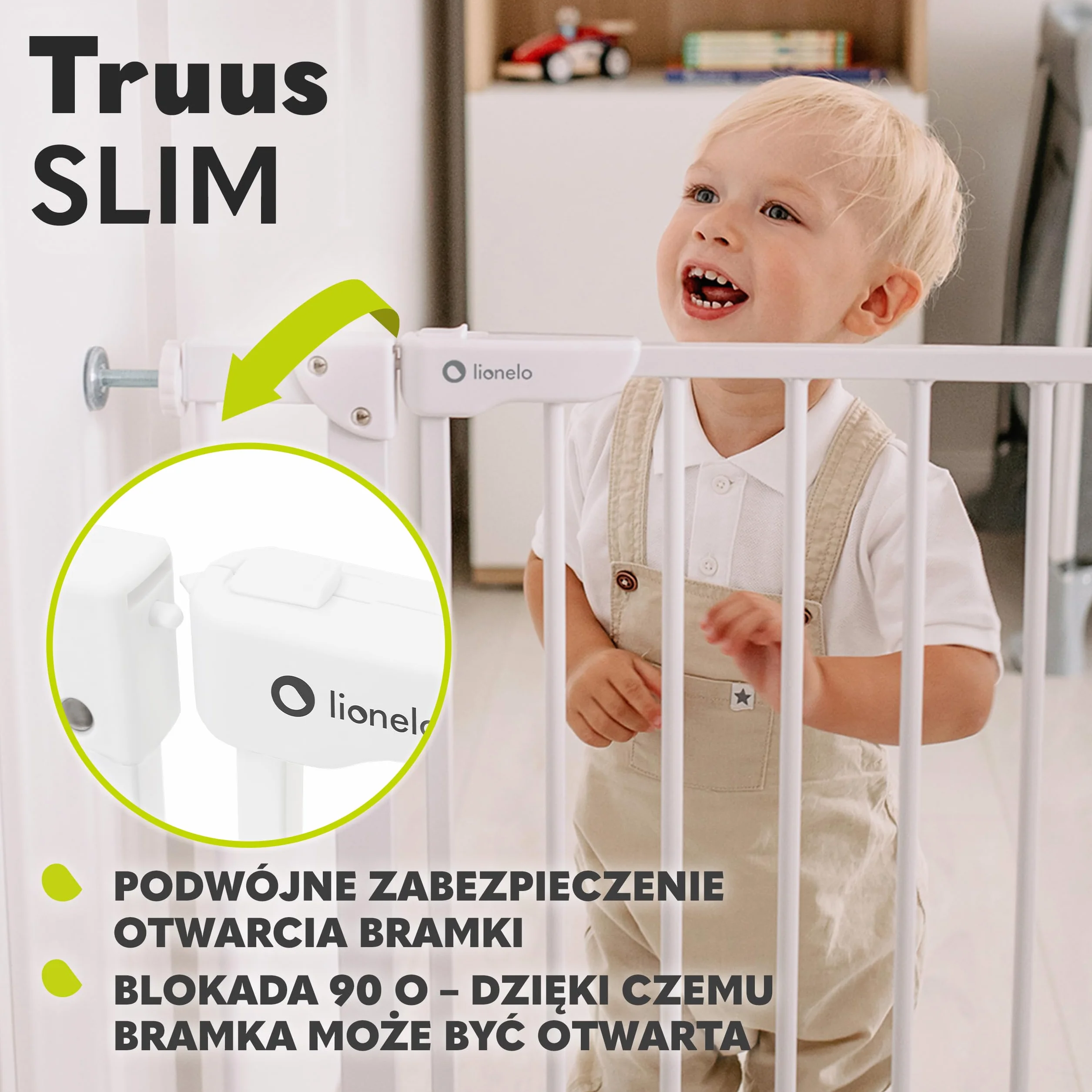 LIONELO Truus Slim kratka ochronna do drzwi dla niemowląt, do zaciskania 75-105 cm, biała, 5 kg, regulowana szerokość, silikonowe osłonki, funkcja AutoStop i samozatrzasku