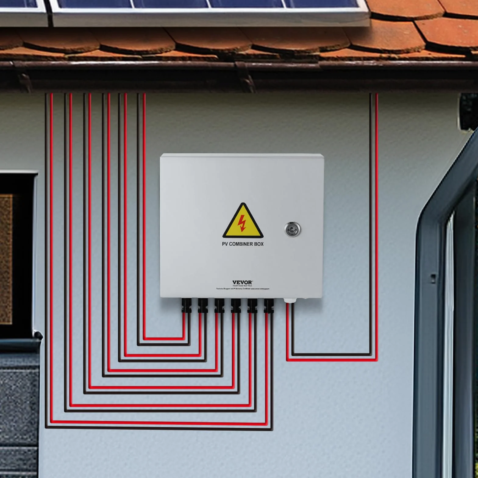 VEVOR PV, 6-strunowa skrzynka z łącznikiem solarnym z bezpiecznikiem prądu znamionowego 15 A, wyłącznik mocy 125 A, odgromnik i przyłącze solarne, stalowa obudowa do systemu paneli słonecznych