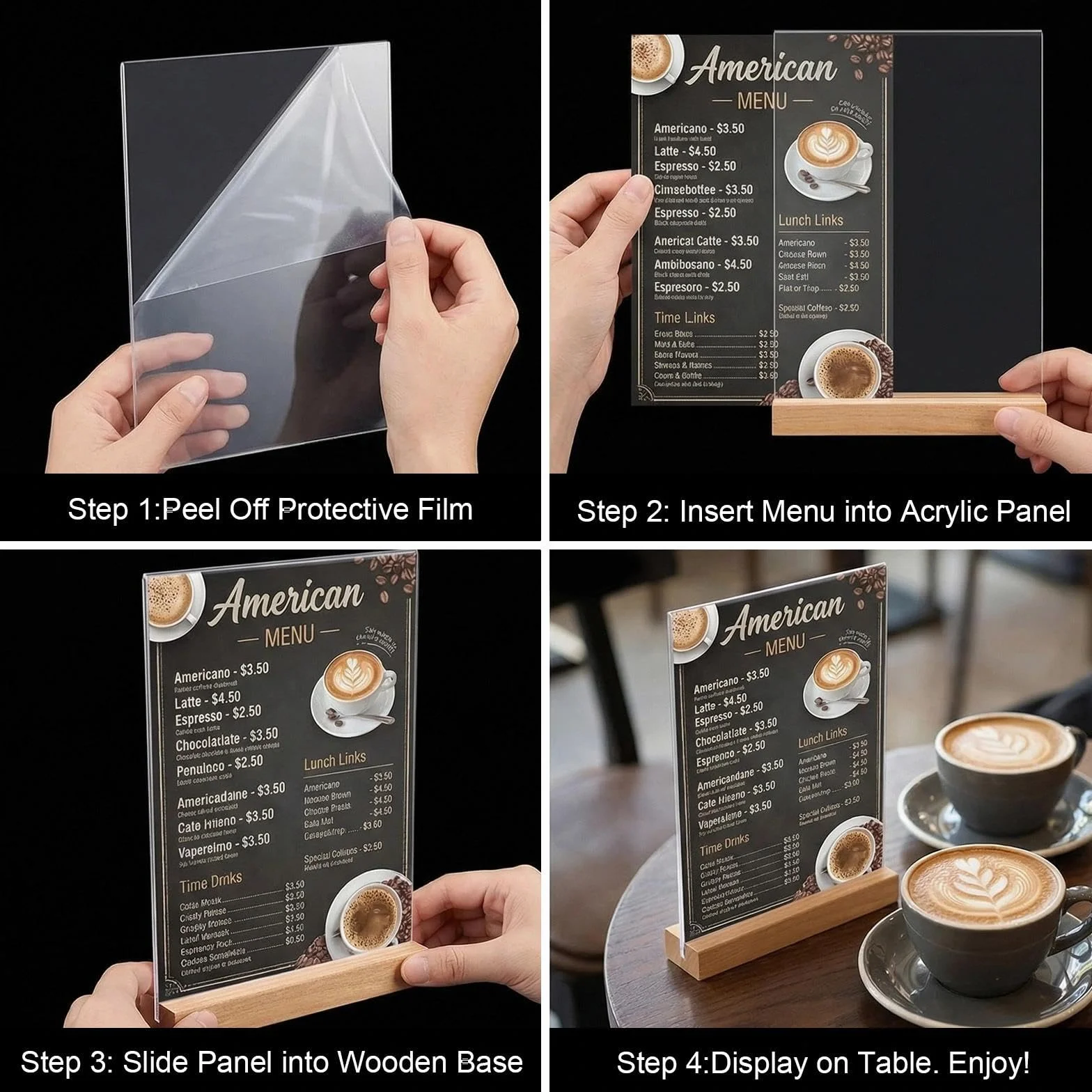 2 sztuki A5, akrylowy stojak na menu z dwustronną drewnianą nóżką, uchwyt na plakat w kształcie litery T, pionowy stół do reklam, zdjęć, menu, ulotek (21 x 15 cm)