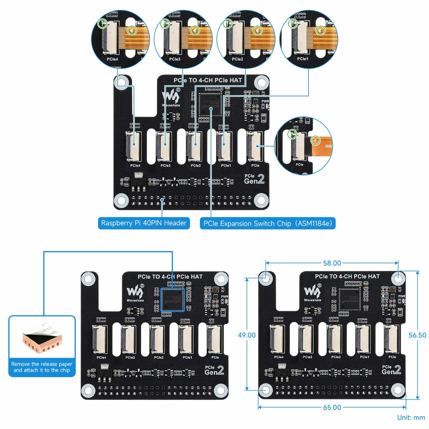 Waveshare 4-Ch PCIe FFC Adapter Board for Raspberry Pi 5, Expands The PCIe Interface Of The Pi 5 To 4-Ch PCIe FFC Connectors, Supports Stacking Multiple PCIe HATs, Raspberry Pi 5 PCIe HAT