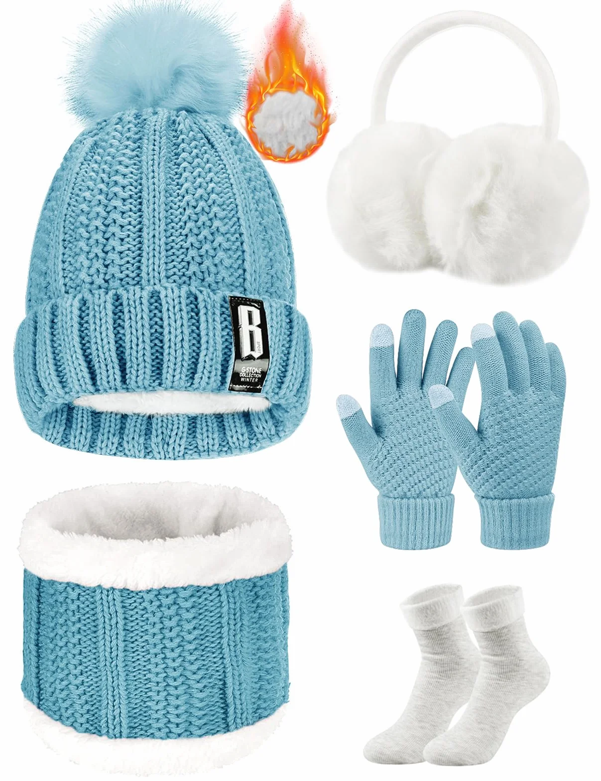 Tuopuda Zestaw czapki z dzianiny i szalika 5 szt., zimowe ocieplacze uszu, ciepły dzianinowy szalik, czapka beanie i rękawiczki do ekranu dotykowego, zestaw damskich skarpet