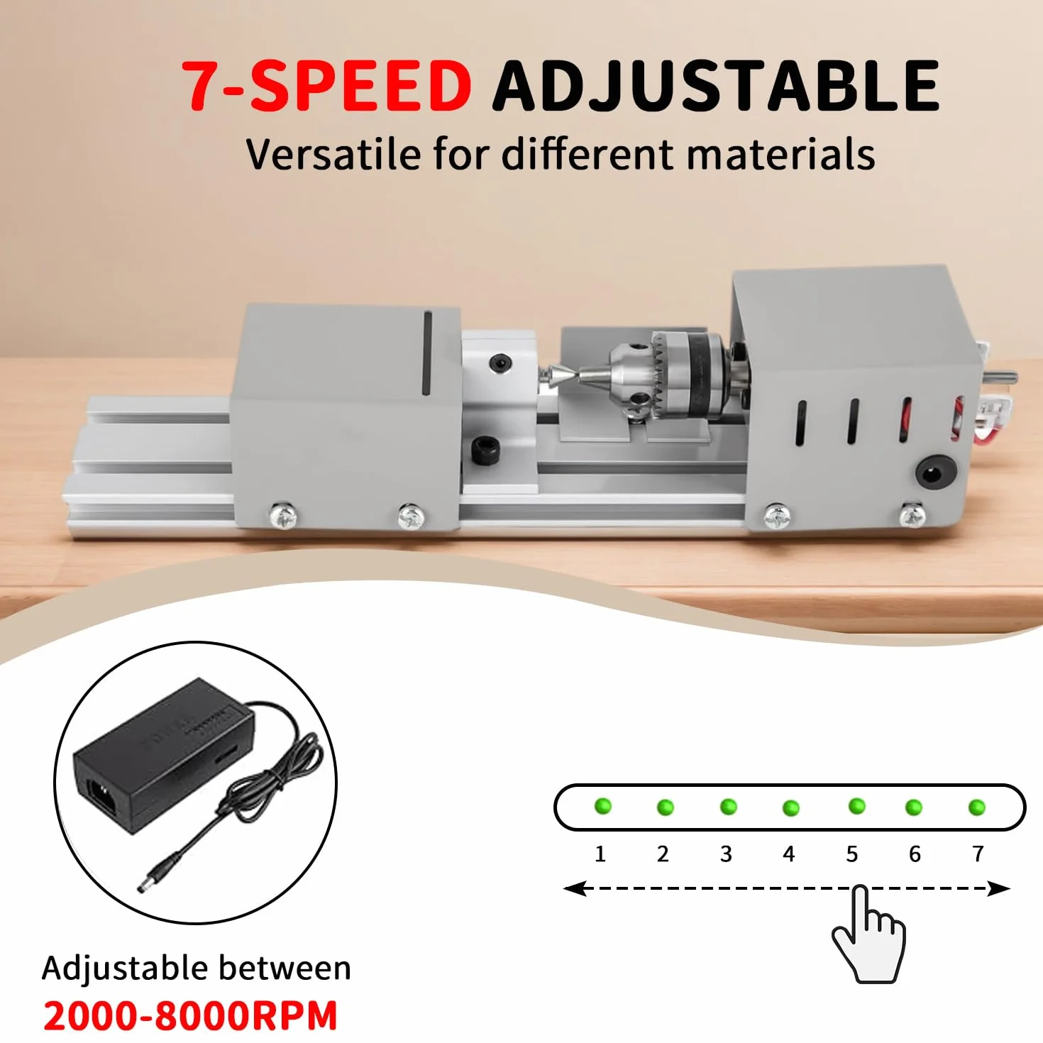 Mini tokarka 125 W, 2000 – 8000 obr./min, metalowa mała tokarka z 7-biegową regulacją, zakres zacisku od 0,02 do 0,24 cala, tokarka metalowa do obrotów, rowków, szlifowania