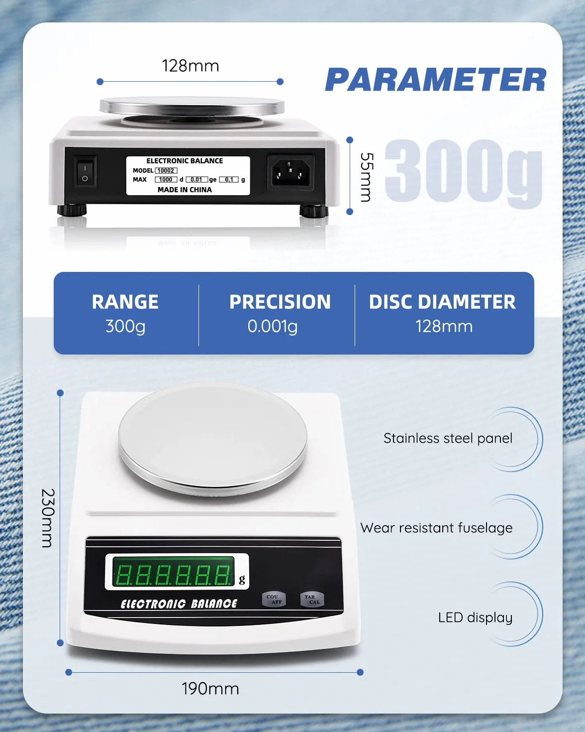 Elektroniczna waga precyzyjna 300g/0,001 GSM Cyfrowa waga laboratoryjna z regulowanym dyskiem próbnik przecinak do tkanin 100cm2 od 0-2mm, do tekstyliów, tkanin, papieru (300g/0,001g + próbnik)